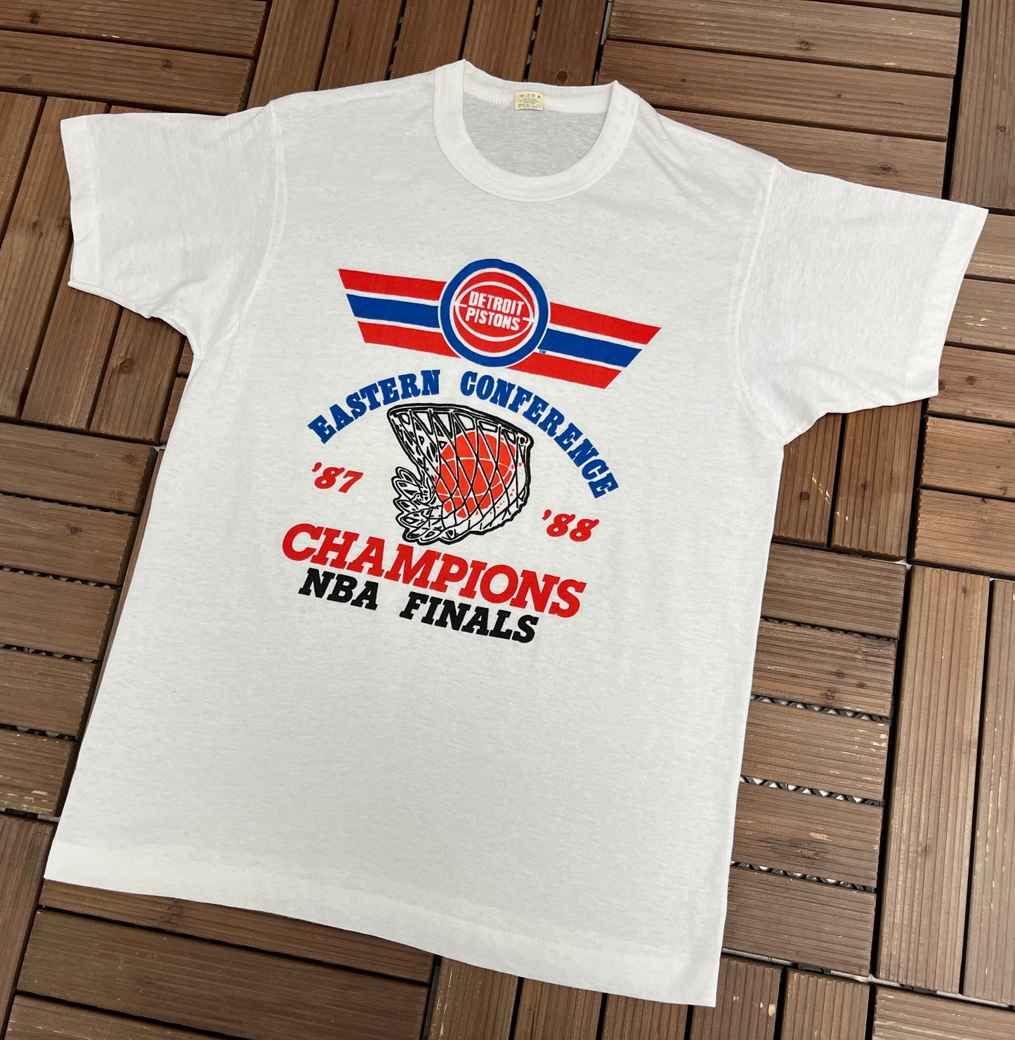 Detroit Pistons NBA Finals 1988 Graphic Tee | Size Large | Vintage 1990s NBA Basketball White T-Shirt |
