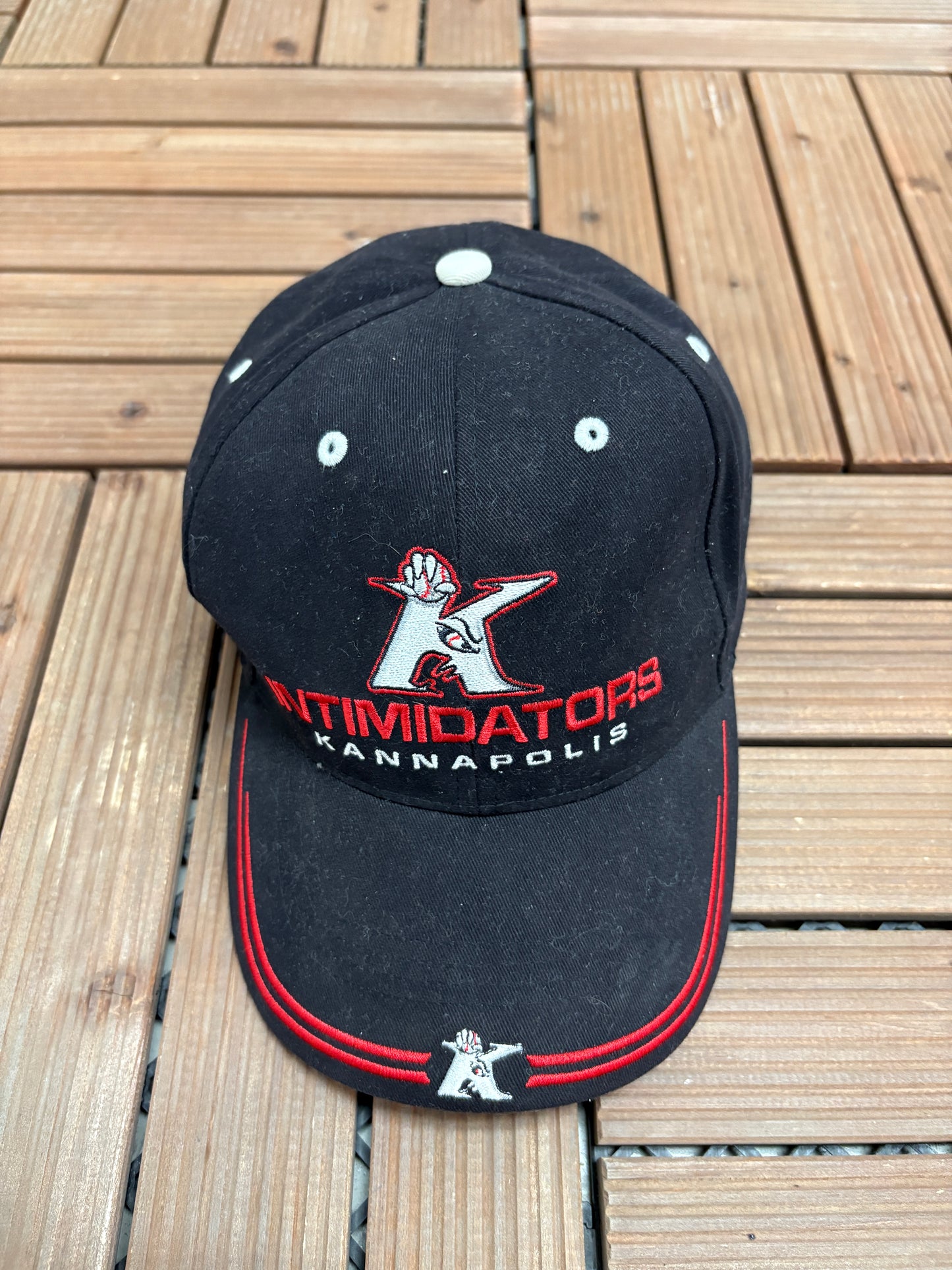 Kannapolis Intimidators Graphic Hat | Strap Back | Vintage 2000s MiLB Baseball Black Cap |