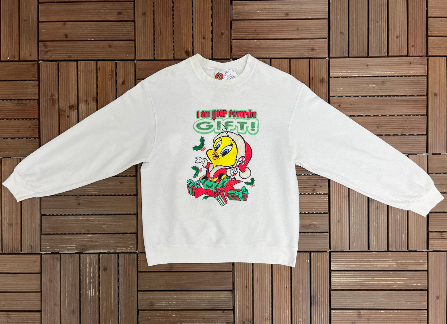 Tweety Bird I Am Your Favorite Gift! Graphic Crewneck | Size Medium | Vintage 1990s White Cartoon Promotional Sweater |