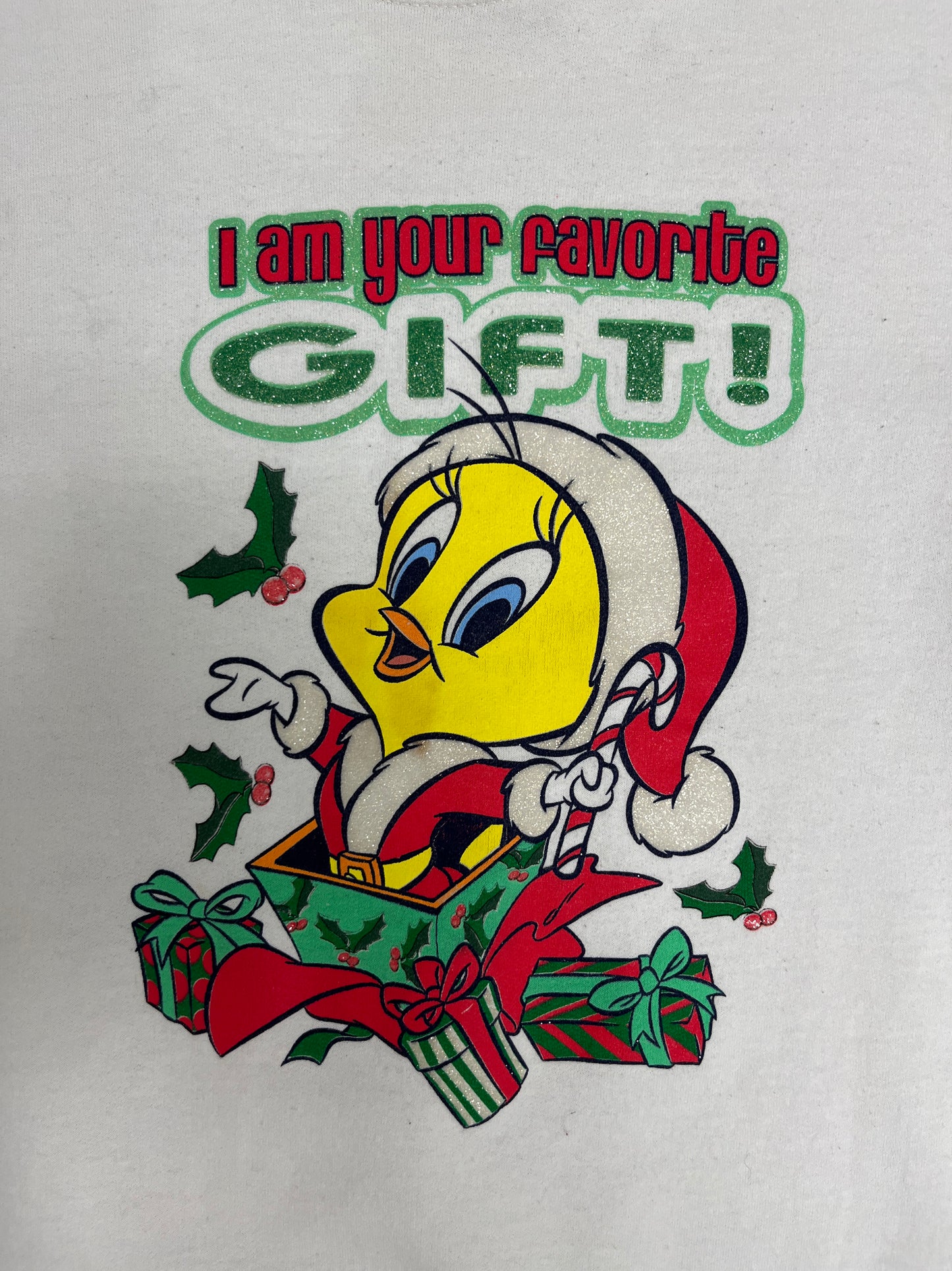 Tweety Bird I Am Your Favorite Gift! Graphic Crewneck | Size Medium | Vintage 1990s White Cartoon Promotional Sweater |