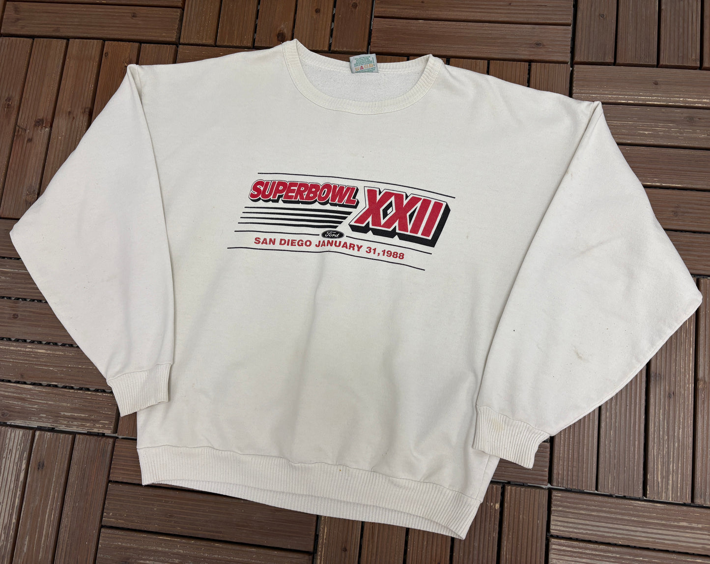 Super Bowl XXII Graphic Crewneck | Size X-Large | Vintage 1980s NFL Football White Sweater |