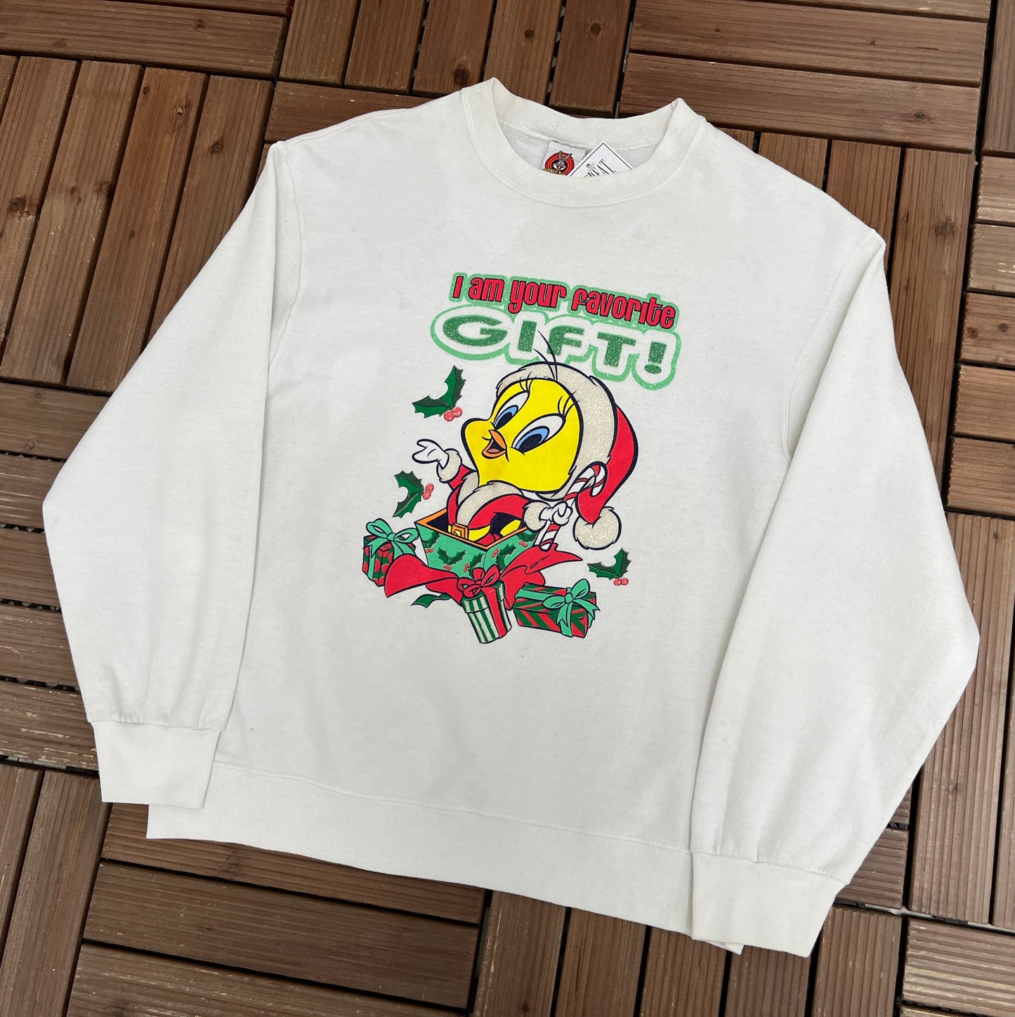 Tweety Bird I Am Your Favorite Gift! Graphic Crewneck | Size Medium | Vintage 1990s White Cartoon Promotional Sweater |