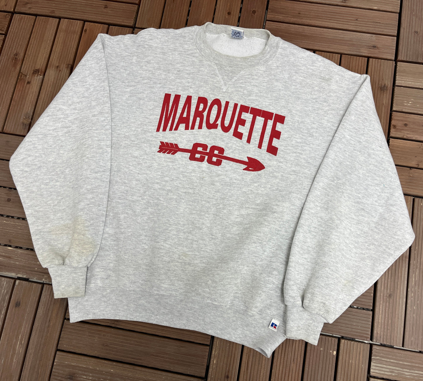 Marquette Golden Eagles Graphic Crewneck | Size Large | Vintage 1990s Russell Athletic College Sports Grey Sweater |