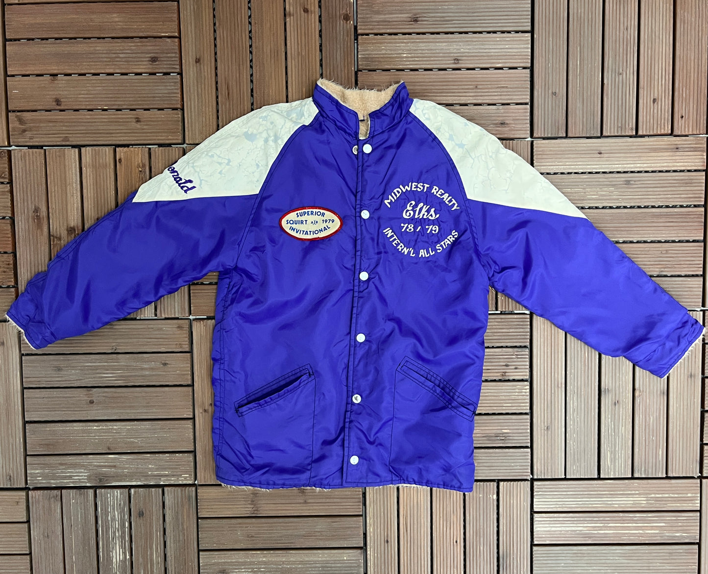 Midwest Realty Elks '78-'79 Graphic Jacket | Size Medium | Vintage 1970s Varsity Promotional Purple Coat |