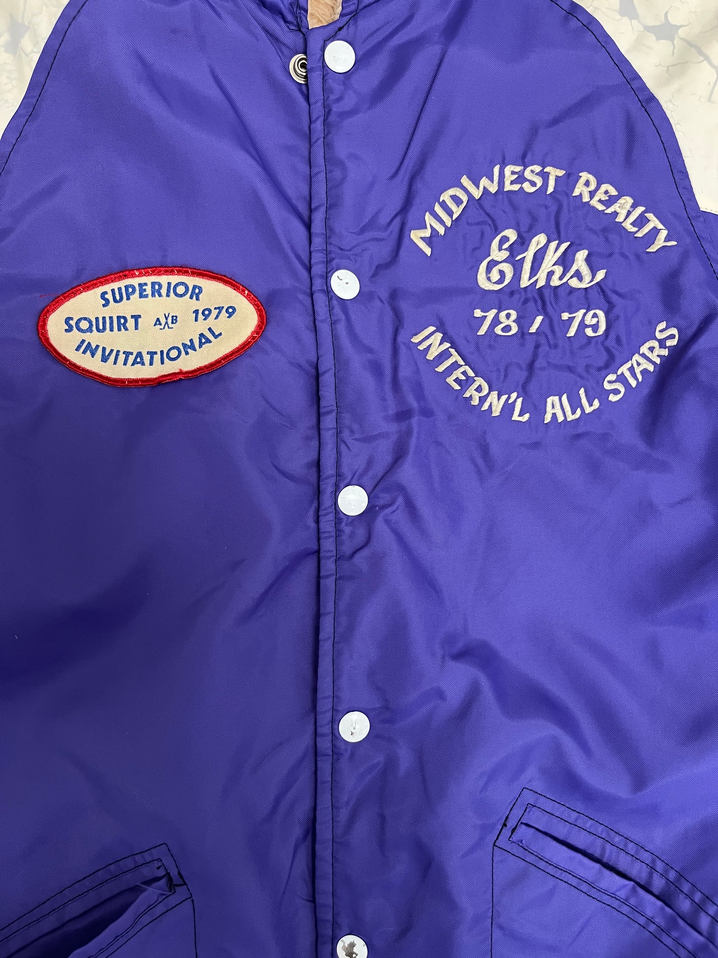 Midwest Realty Elks '78-'79 Graphic Jacket | Size Medium | Vintage 1970s Varsity Promotional Purple Coat |