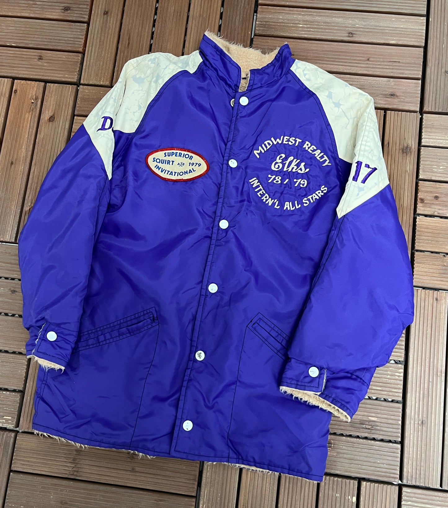 Midwest Realty Elks '78-'79 Graphic Jacket | Size Medium | Vintage 1970s Varsity Promotional Purple Coat |