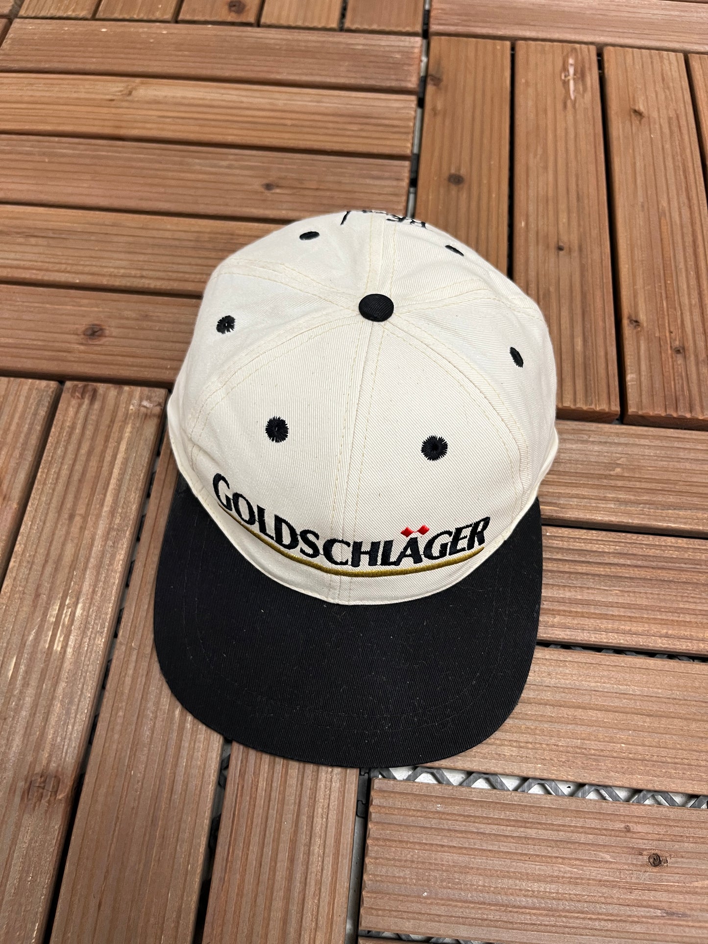 Goldschläger Liqueur Graphic Hat | Velcro Back | Vintage 1990s Promotional White Cap |