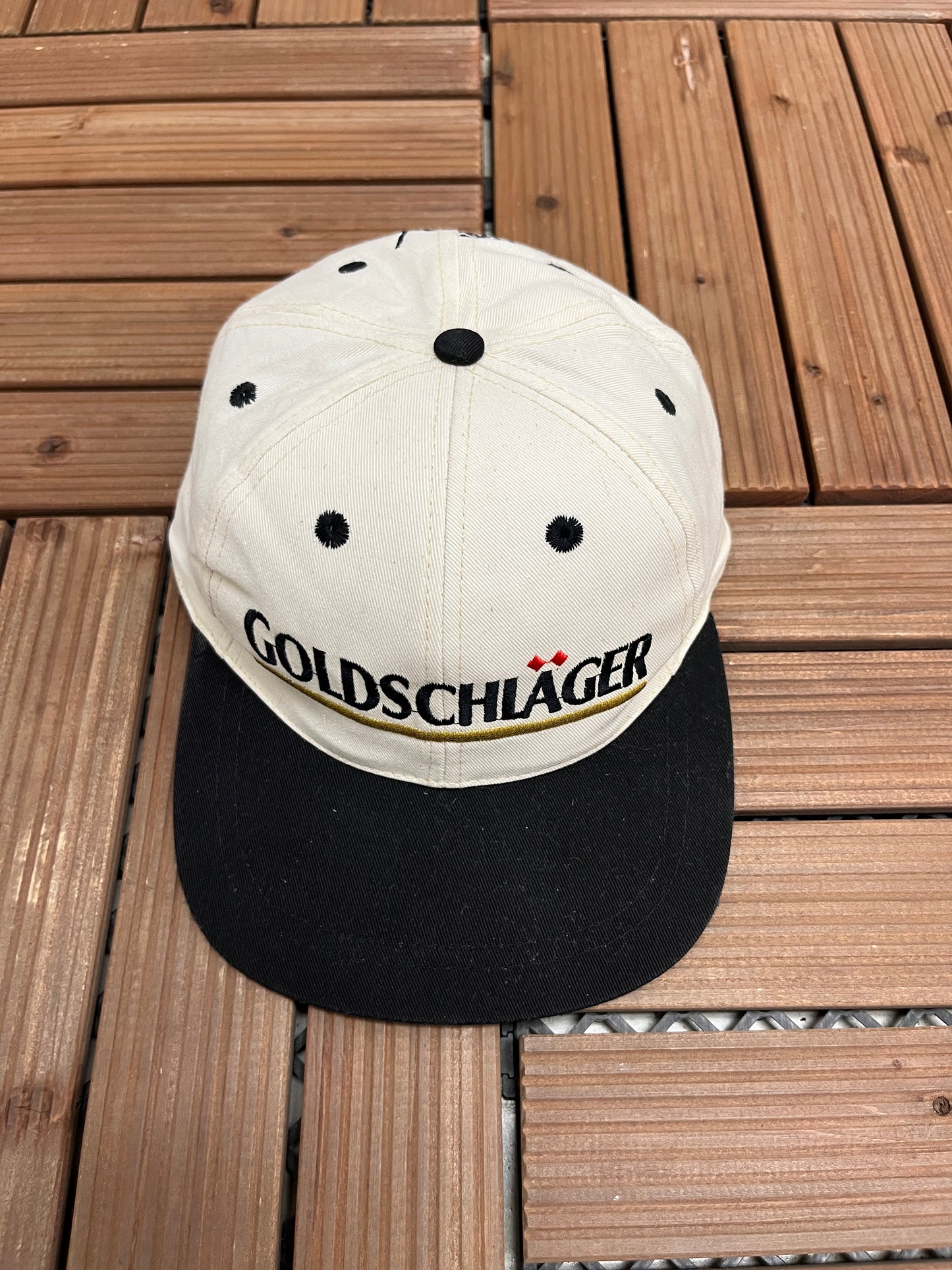 Goldschläger Liqueur Graphic Hat | Velcro Back | Vintage 1990s Promotional White Cap |