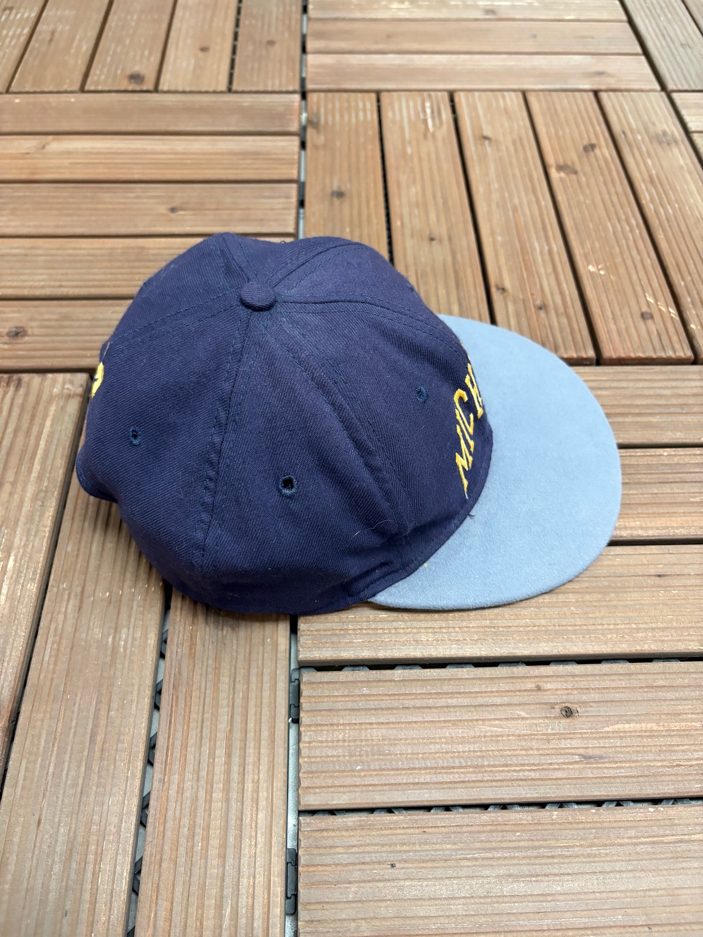 Michigan Wolverines Spell Out Graphic Hat | Snap Back | Vintage 1990s College Sports Blue Cap |