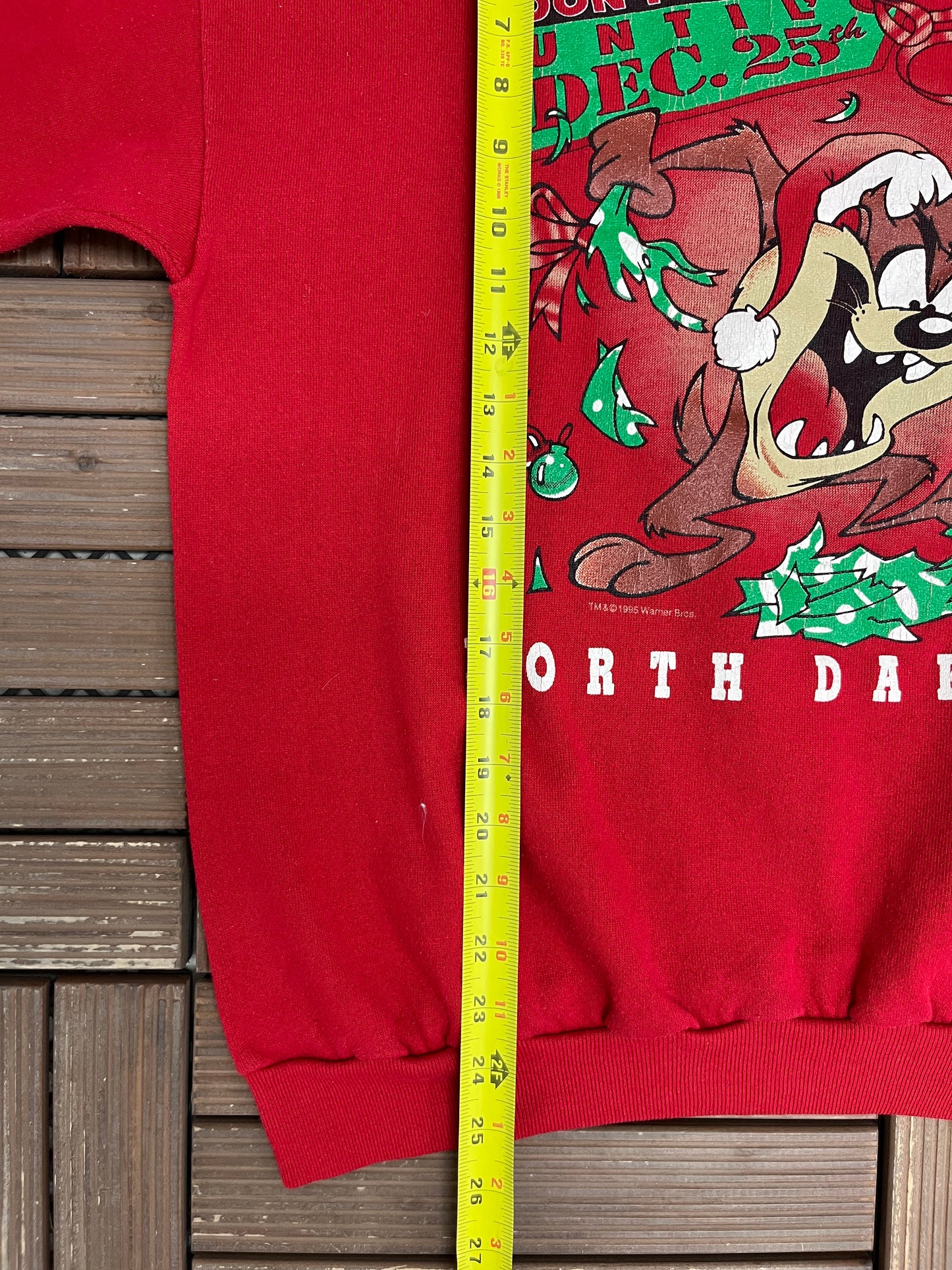 Taz Don't Open Until Christmas Graphic Crewneck | Size Large | Vintage 1990s Red Cartoon Sweater |