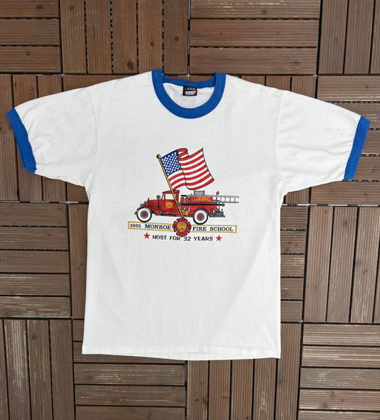 1991 Monroe Fire School Graphic Tee | Size Large | Vintage 1990s Single Stitch White T-Shirt |