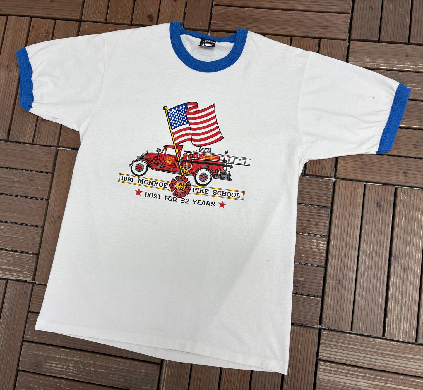 1991 Monroe Fire School Graphic Tee | Size Large | Vintage 1990s Single Stitch White T-Shirt |
