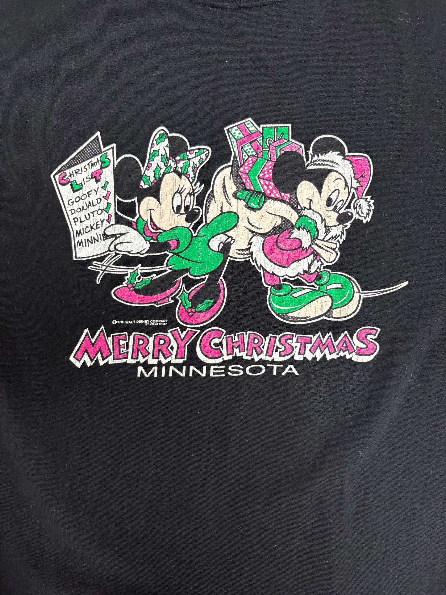 Mickey & Minnie Mouse Merry Christmas Graphic Tee | Size X-Large | Vintage 1990s Single Stitch Black T-Shirt |
