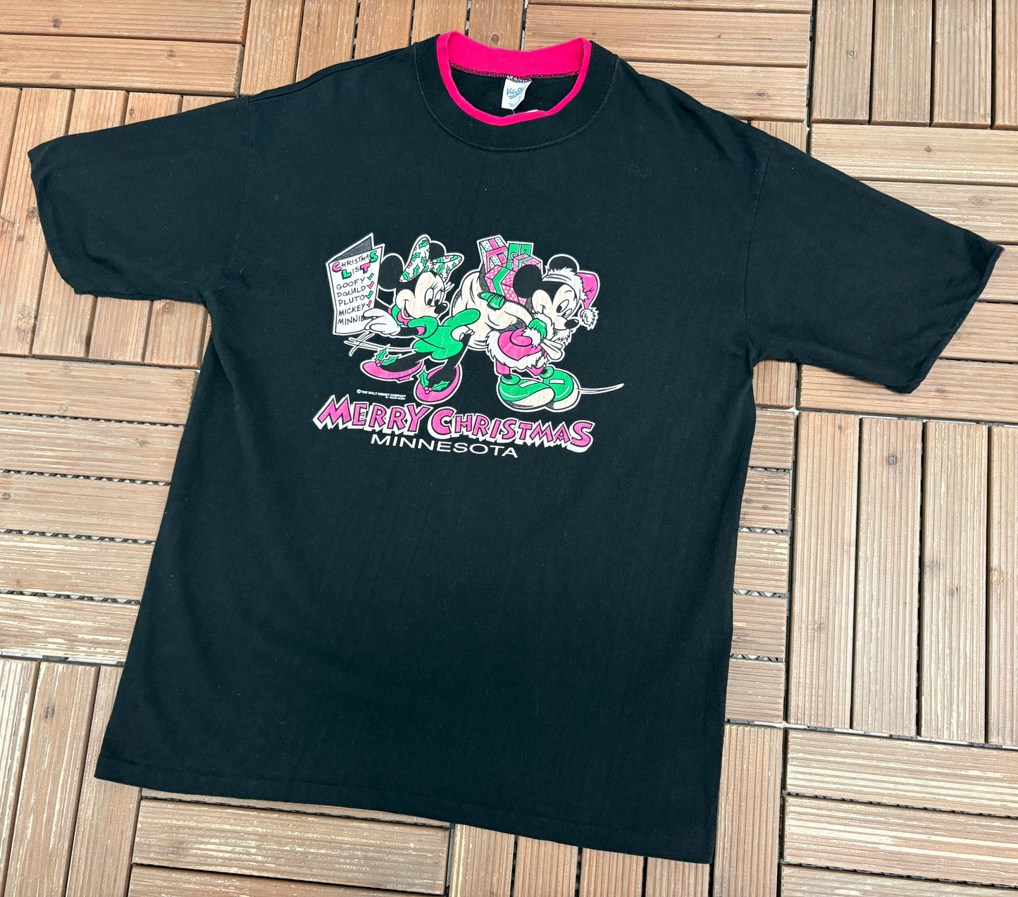 Mickey & Minnie Mouse Merry Christmas Graphic Tee | Size X-Large | Vintage 1990s Single Stitch Black T-Shirt |