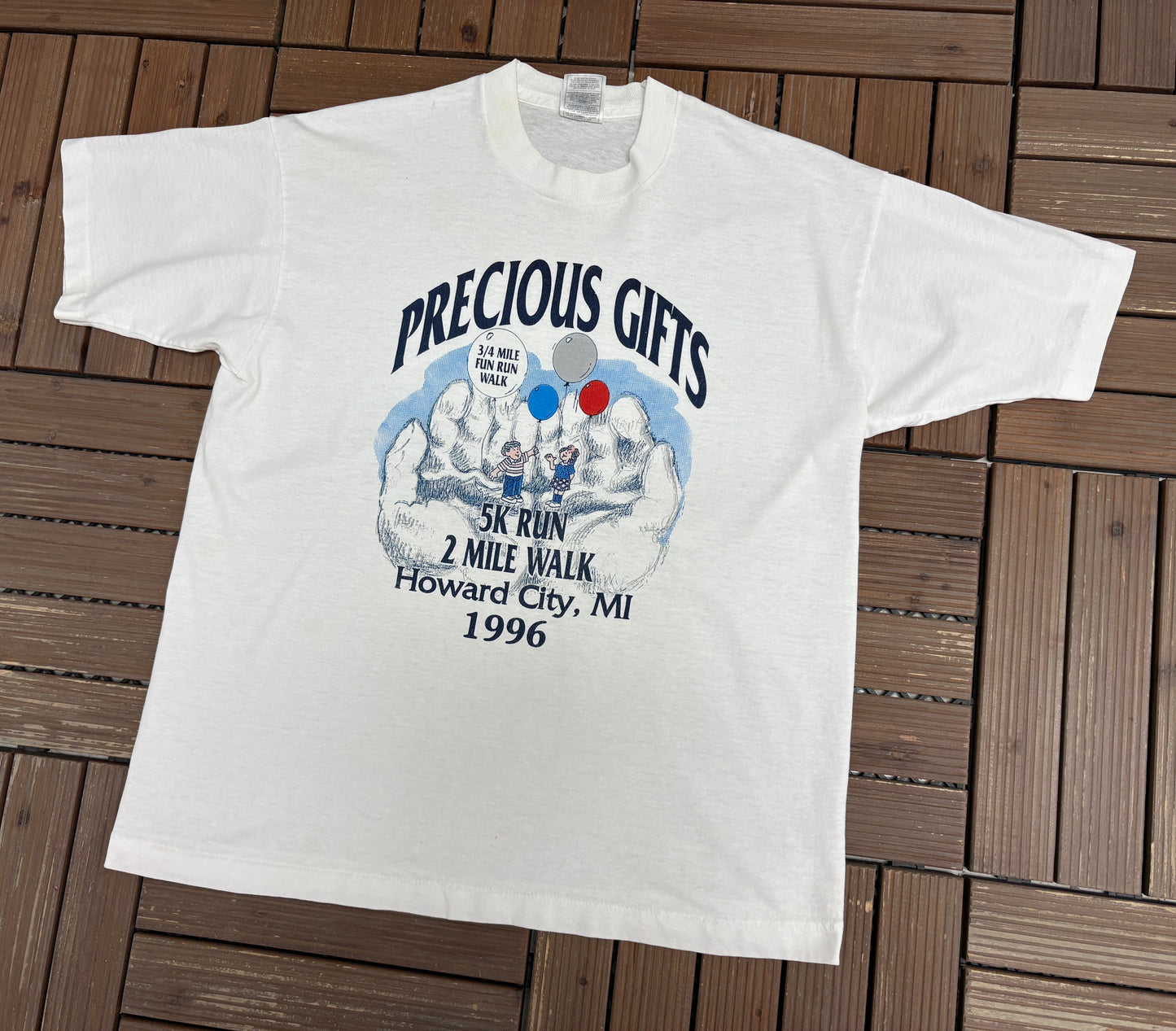 Precious Gifts Howard City, MI 5K Graphic Tee | Size Large | Vintage 1990s Promotional White T-Shirt |