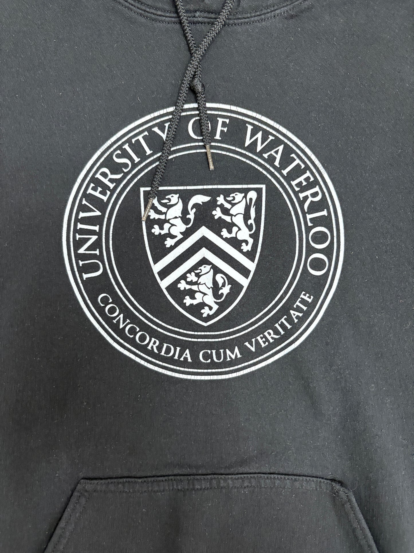 University of Waterloo Graphic Hoodie | Size Large | Vintage 2000s Canadian College Black Sweater |