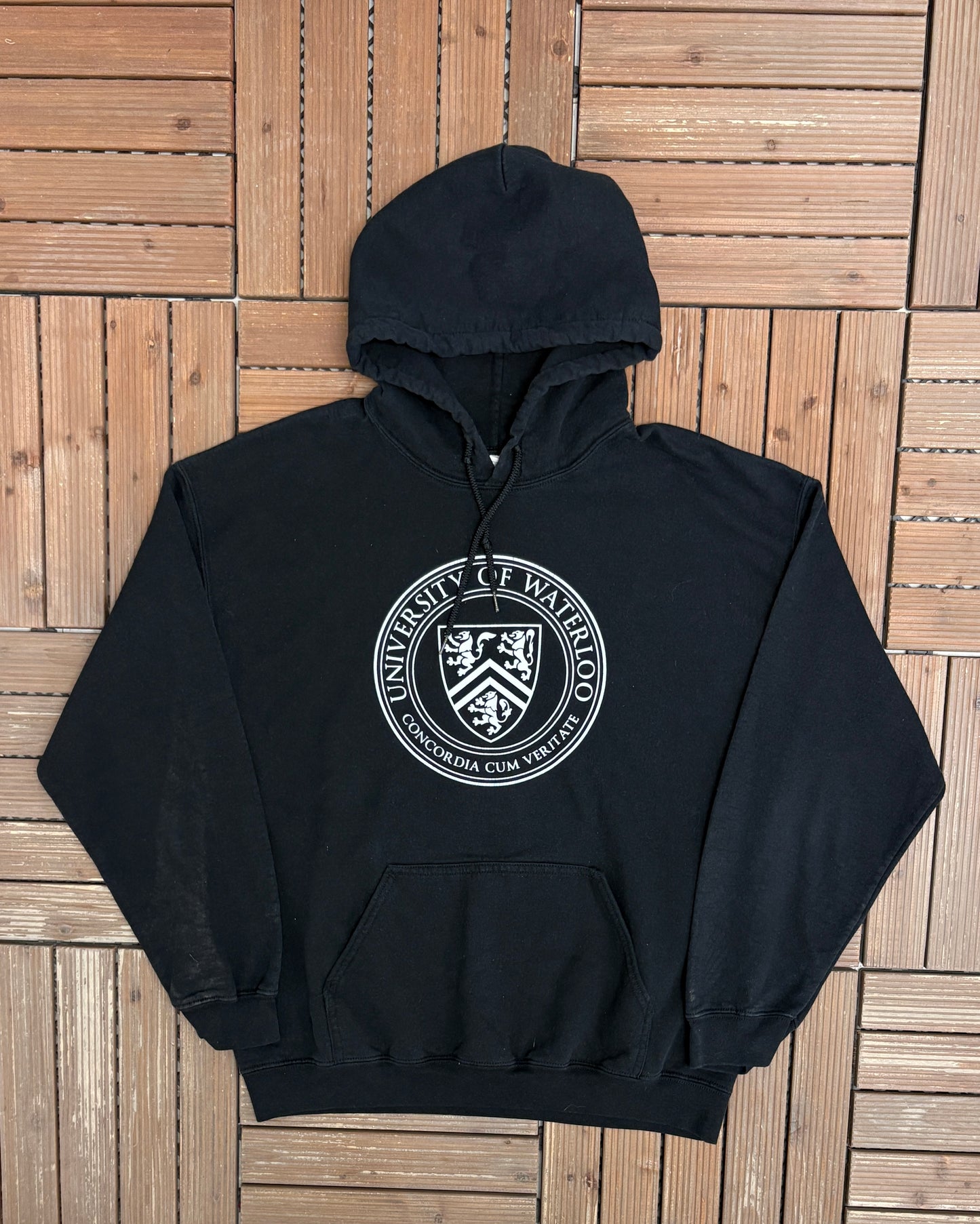 University of Waterloo Graphic Hoodie | Size Large | Vintage 2000s Canadian College Black Sweater |