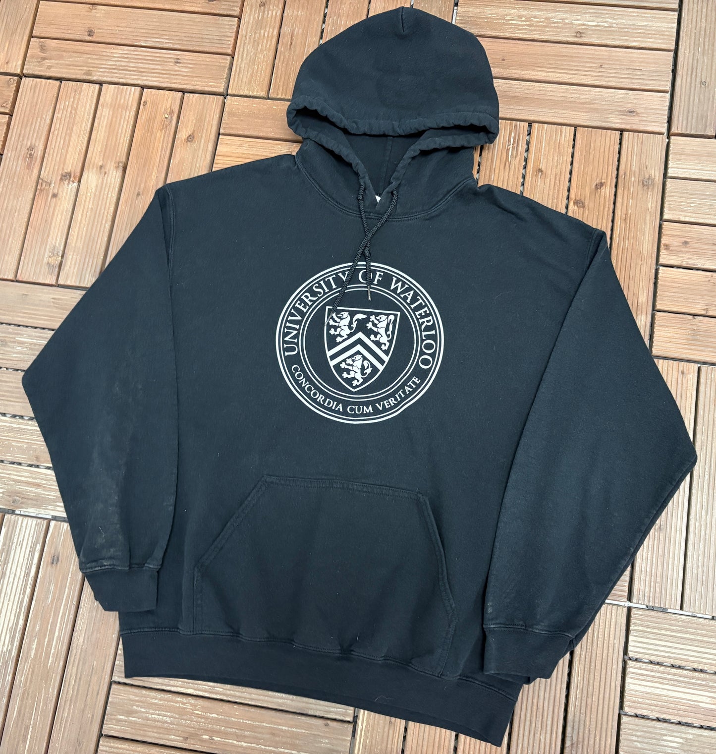 University of Waterloo Graphic Hoodie | Size Large | Vintage 2000s Canadian College Black Sweater |