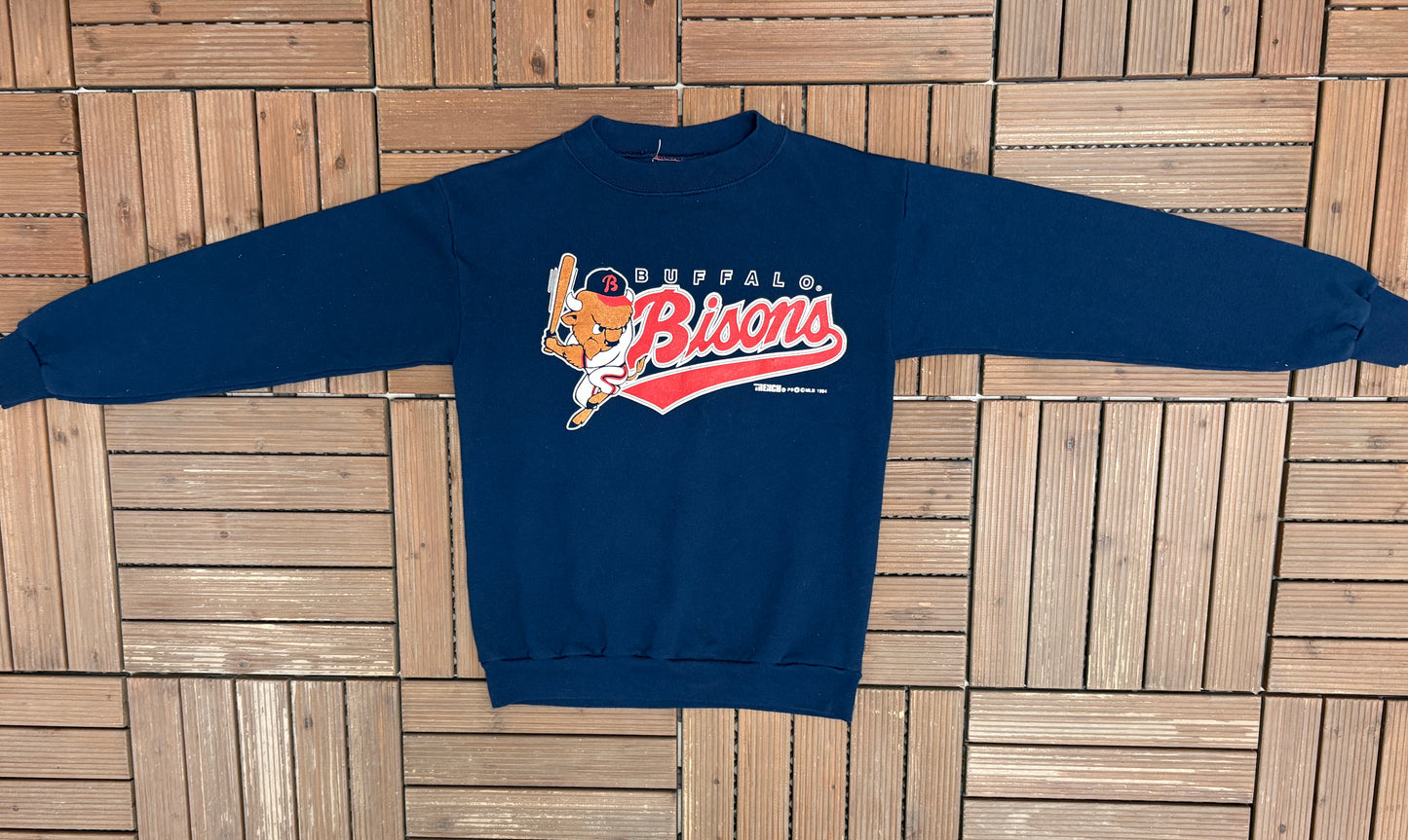 Buffalo Bisons Graphic Crewneck | Size Small | Vintage 1990s MiLB Baseball Blue Sweater |