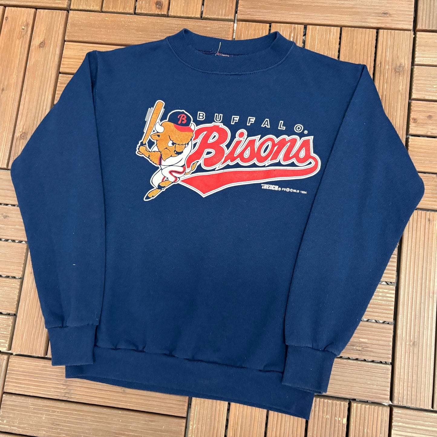 Buffalo Bisons Graphic Crewneck | Size Small | Vintage 1990s MiLB Baseball Blue Sweater |