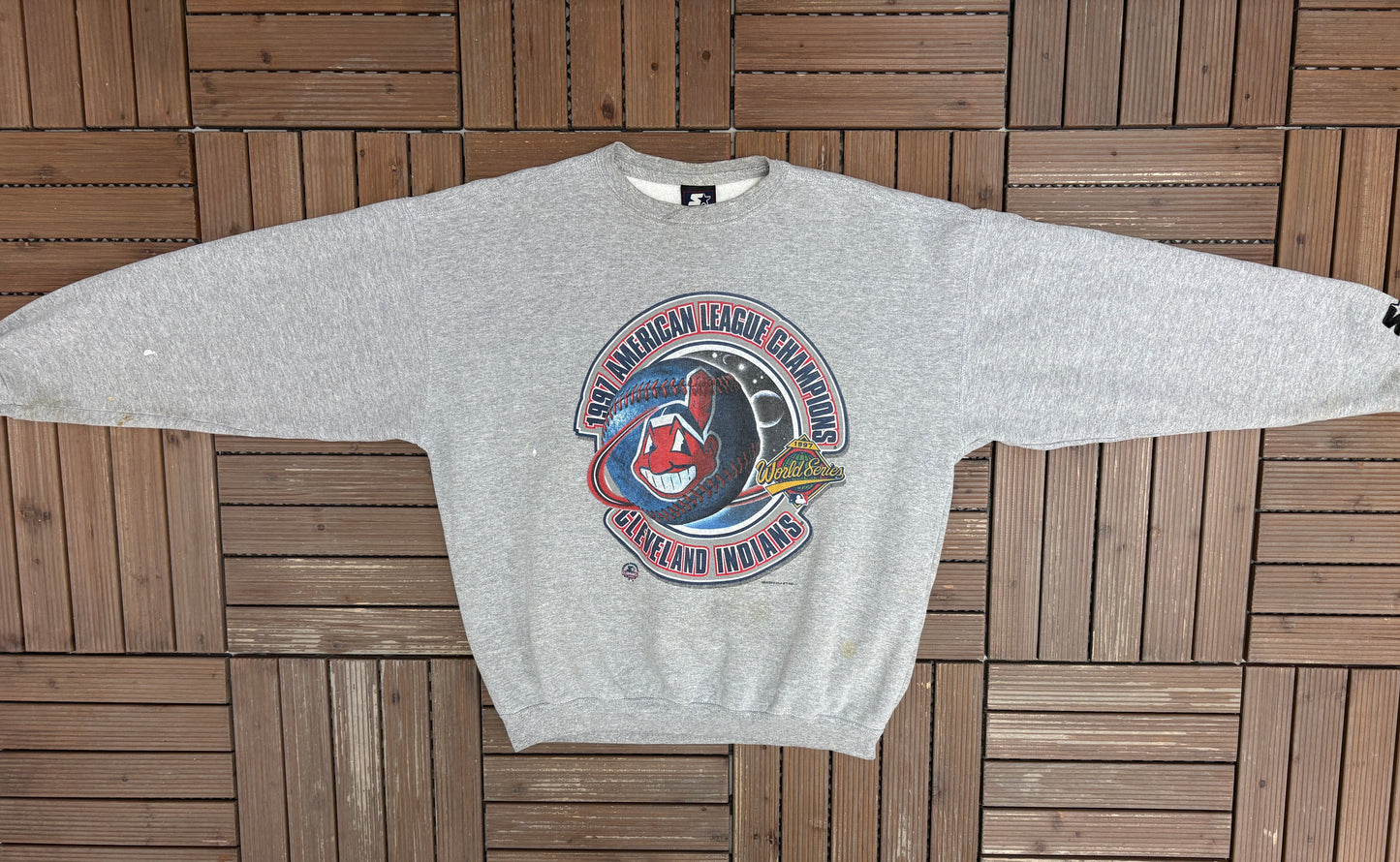 Cleveland Indians 1997 American League Champions Graphic Crewneck | Size X-Large | Vintage 1990s MLB Baseball Grey Sweater |