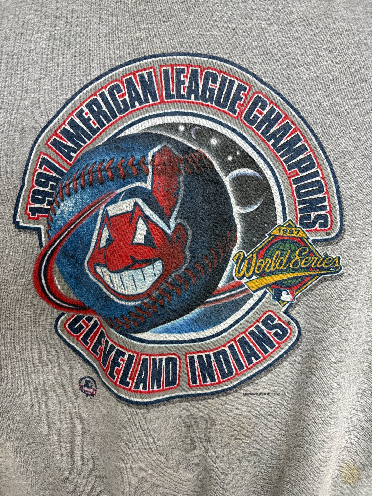 Cleveland Indians 1997 American League Champions Graphic Crewneck | Size X-Large | Vintage 1990s MLB Baseball Grey Sweater |