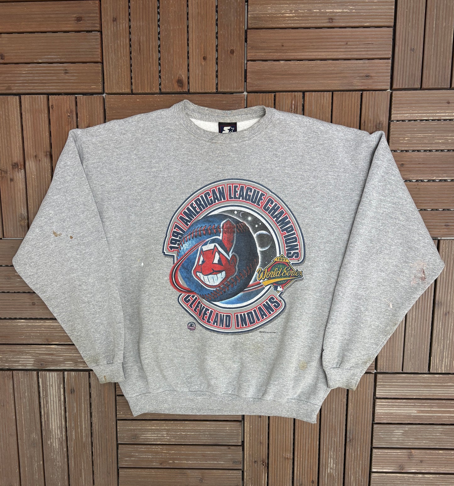 Cleveland Indians 1997 American League Champions Graphic Crewneck | Size X-Large | Vintage 1990s MLB Baseball Grey Sweater |