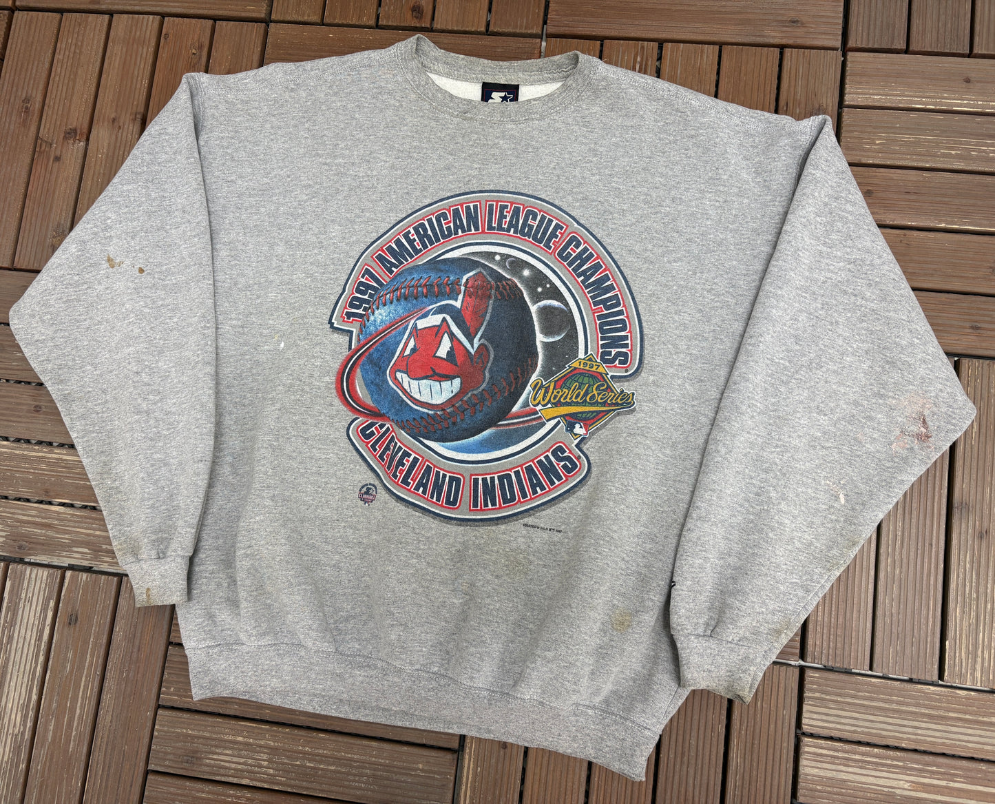 Cleveland Indians 1997 American League Champions Graphic Crewneck | Size X-Large | Vintage 1990s MLB Baseball Grey Sweater |