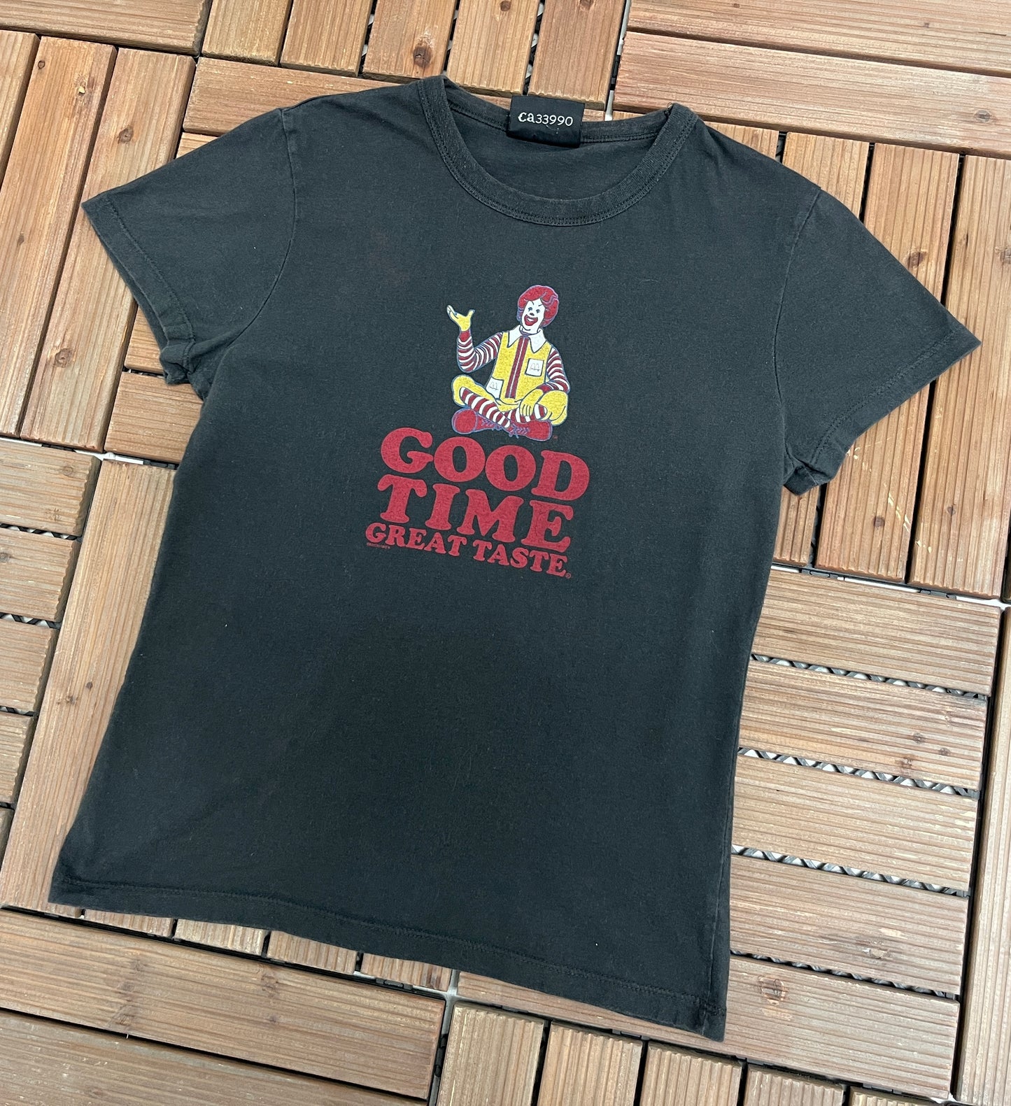 McDonald's Good Time Great Taste Graphic Tee | Size Women's Large | Vintage 1990s Fast Food Promotional Black T-Shirt |