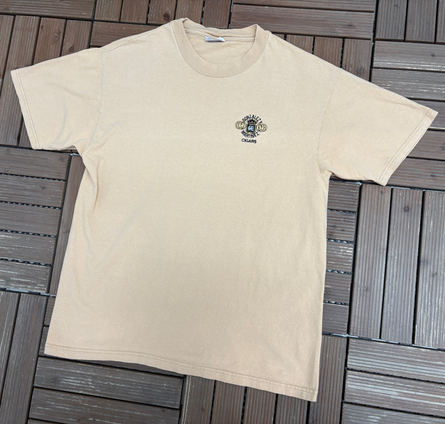 Gonzalez y Martinez Cigars Graphic Tee | Size Large | Vintage 1990s Promotional Beige T-Shirt |