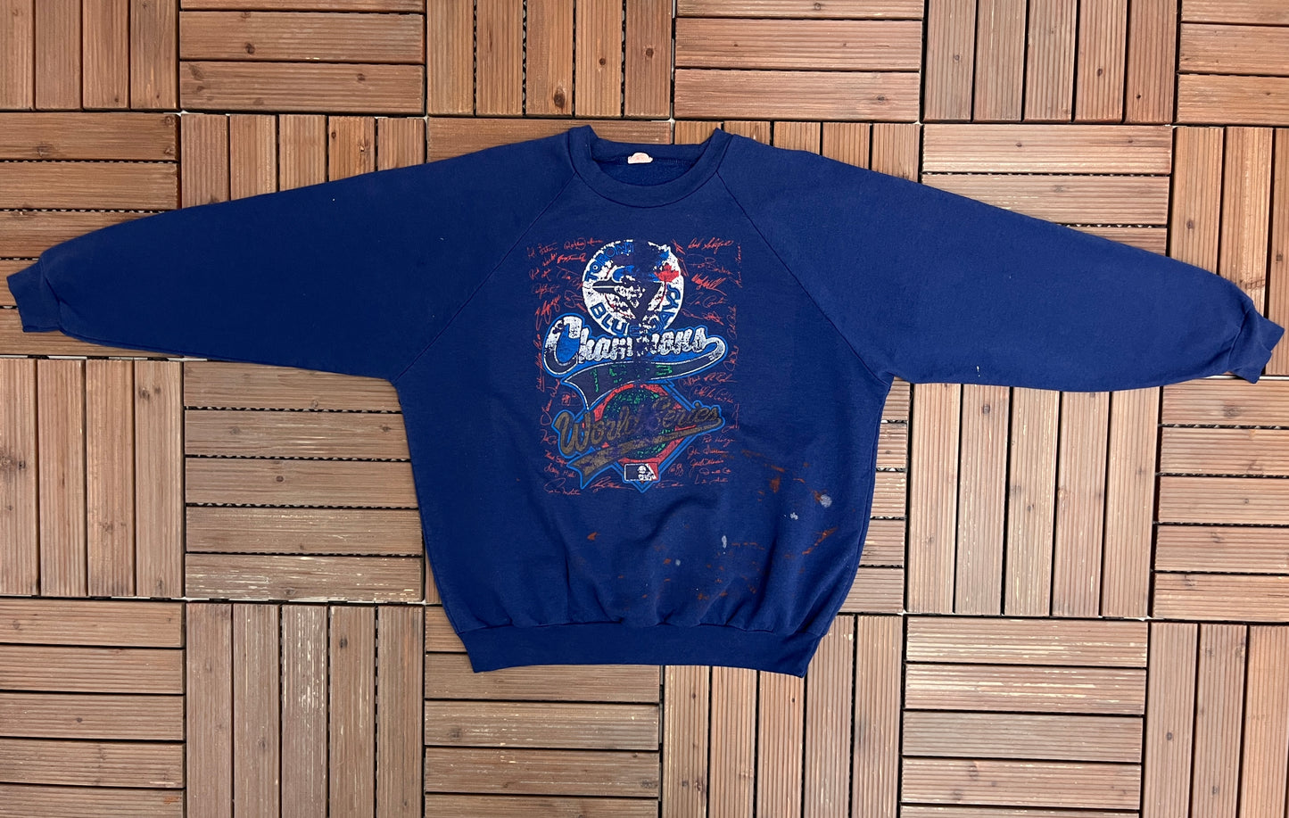 Toronto Blue Jays World Series Champions Graphic Crewneck | Size Large | Vintage 1990s MLB Baseball Blue Sweater |