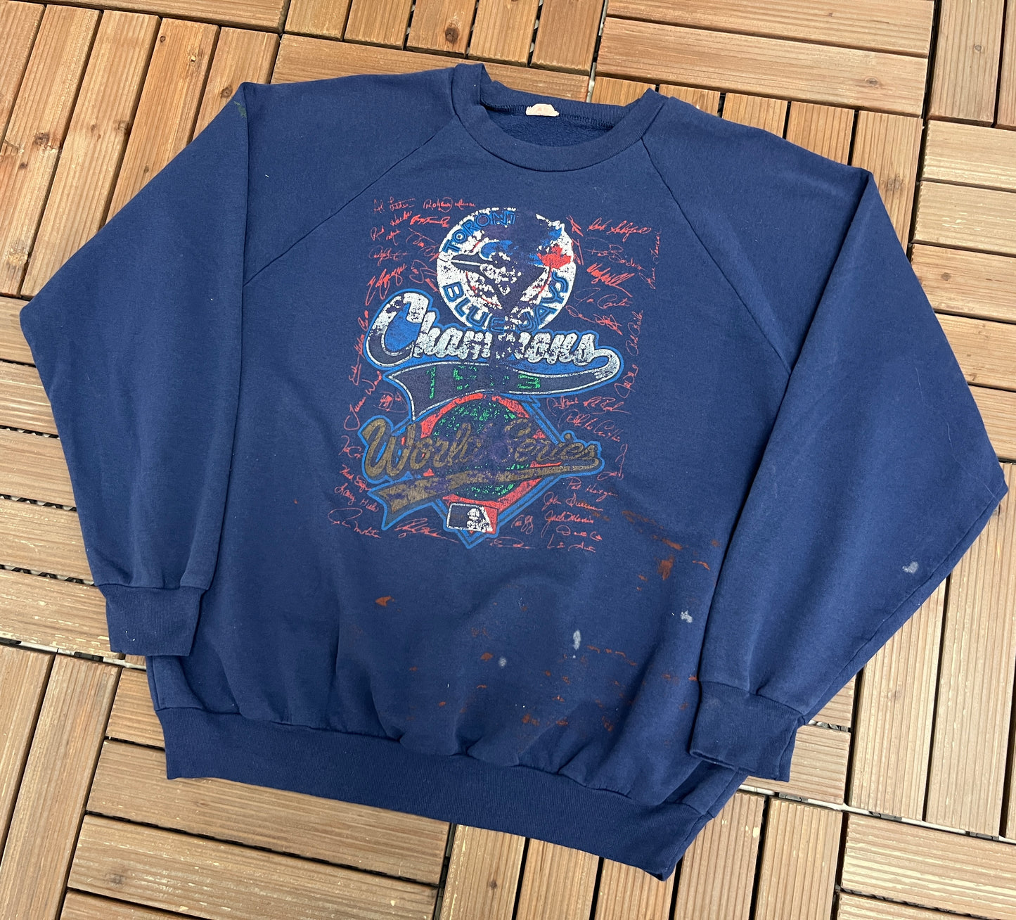 Toronto Blue Jays World Series Champions Graphic Crewneck | Size Large | Vintage 1990s MLB Baseball Blue Sweater |
