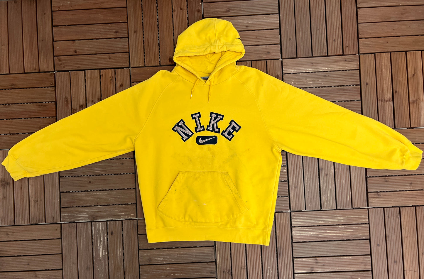Nike Embroidered Spell Out Graphic Hoodie | Size Large | Vintage 2000s Nike Branded Yellow Sweater |