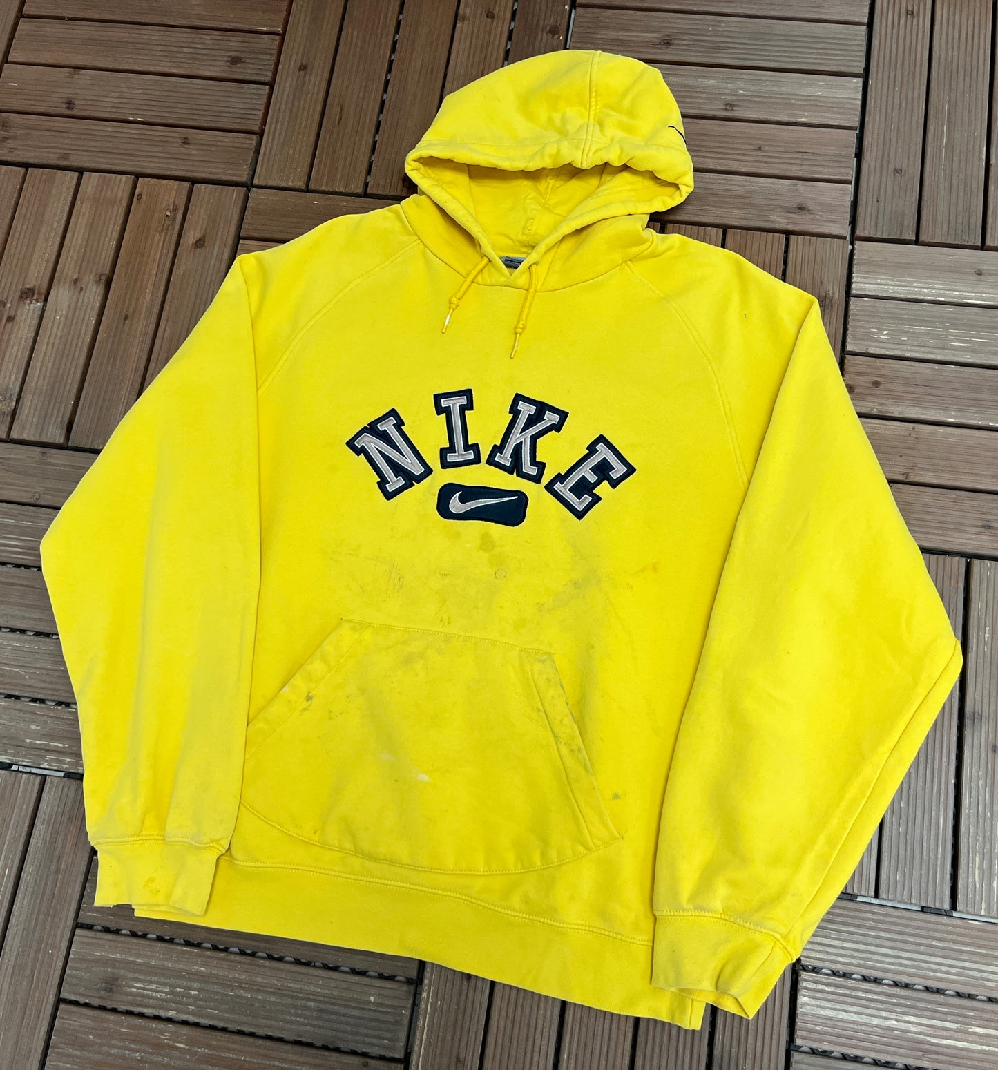 Nike Embroidered Spell Out Graphic Hoodie | Size Large | Vintage 2000s Nike Branded Yellow Sweater |