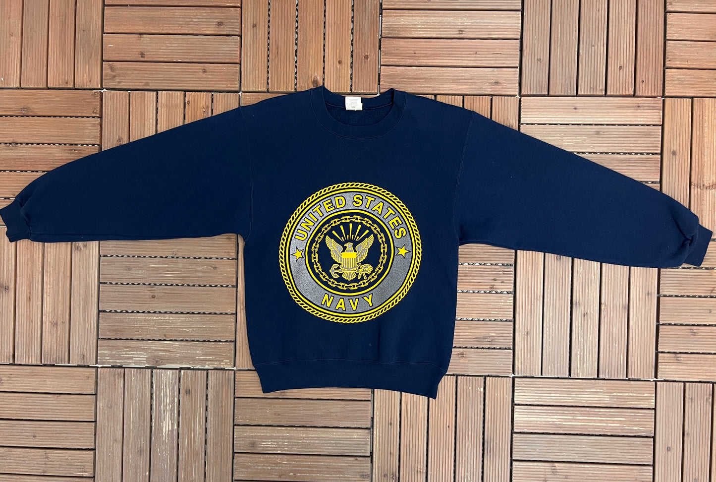 United States of America Navy Graphic Crewneck | Size Small | Vintage 1990s Made in USA Blue Sweater |