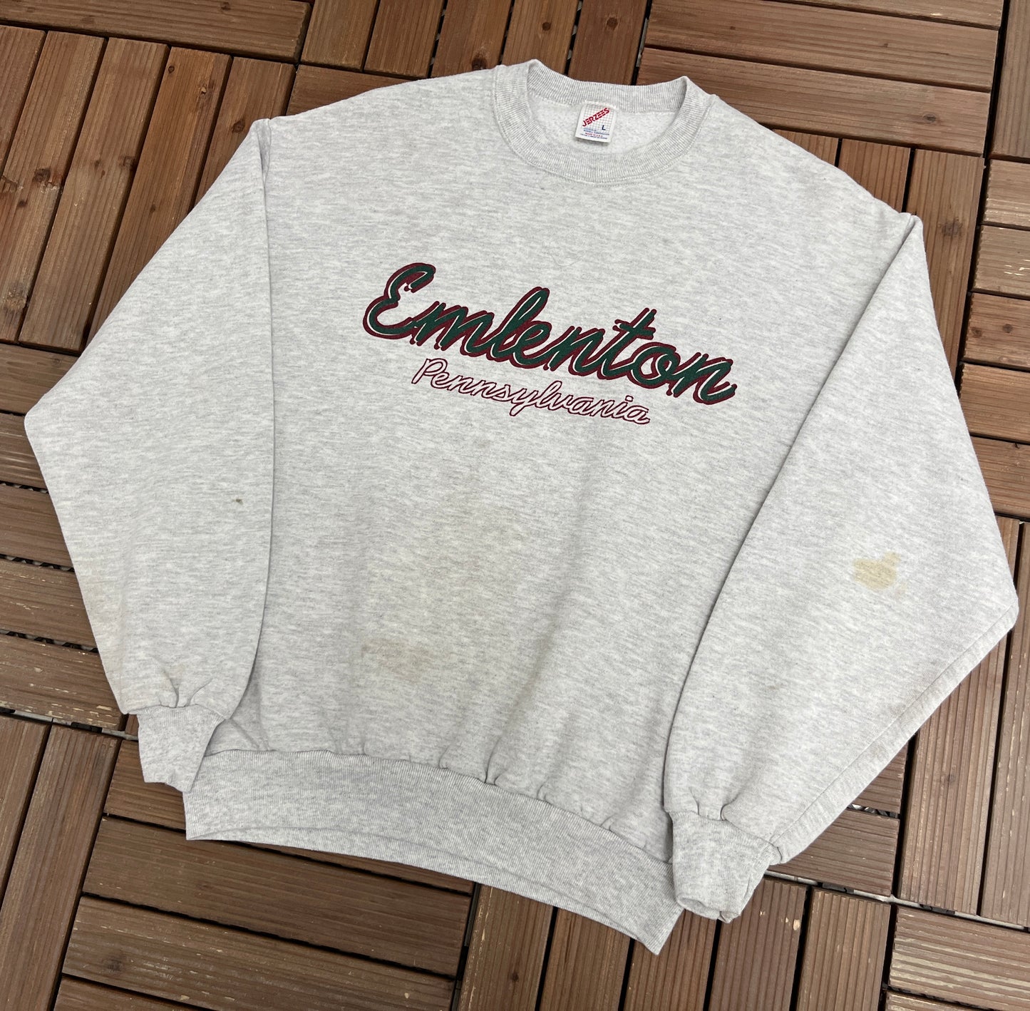 Emlenton, Pennsylvania Graphic Crewneck | Size Large | Vintage 1990s Tourist Promotional Grey Sweater |