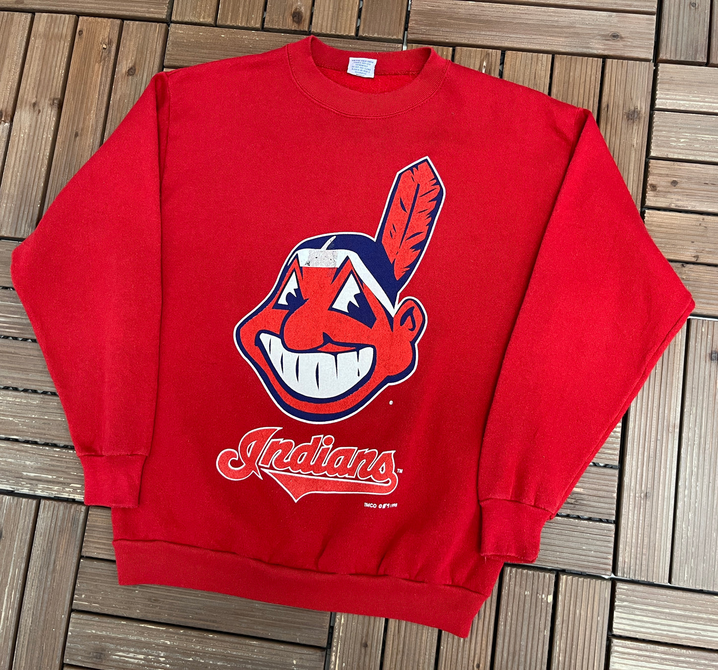 Cleveland Indians Graphic Crewneck | Size Large | Vintage 1990s MLB Baseball Red Sweater |