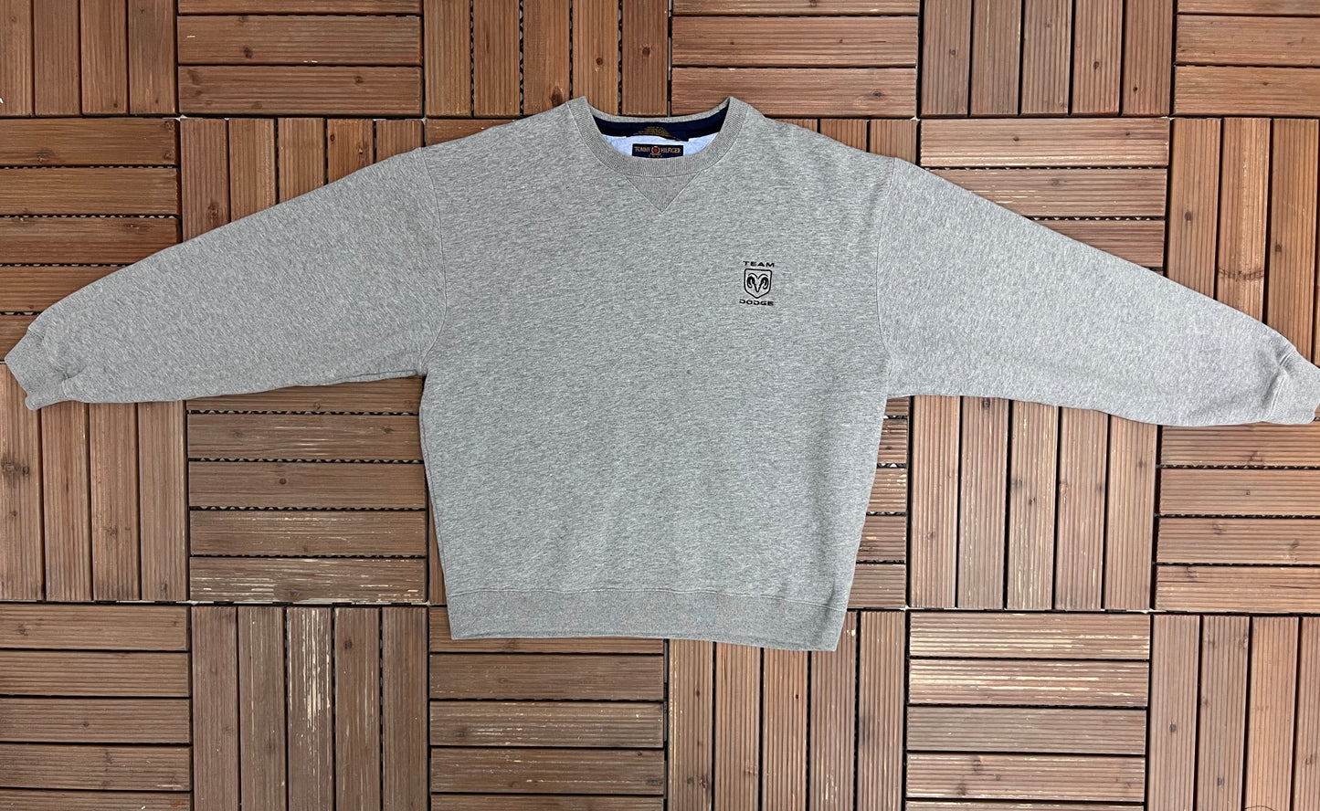 Team Dodge Embroidered Graphic Crewneck | Size Large | Vintage 1990s Promotional Grey Sweater |