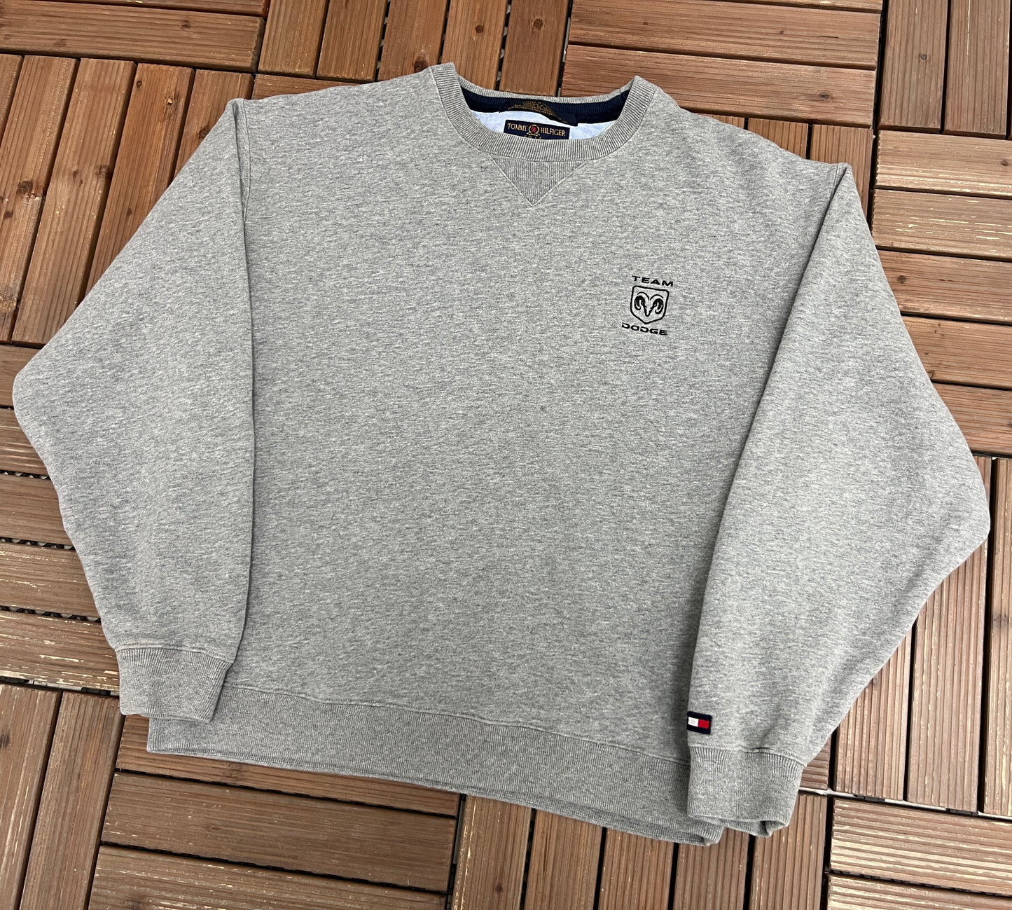 Team Dodge Embroidered Graphic Crewneck | Size Large | Vintage 1990s Promotional Grey Sweater |