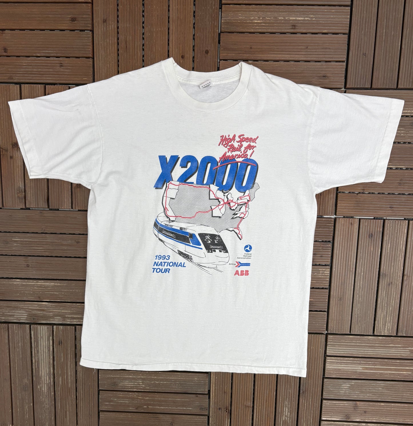 X2000 Amtrak 1993 National Tour Graphic Tee | Size X-Large | Vintage 1990s Promotional White T-Shirt |