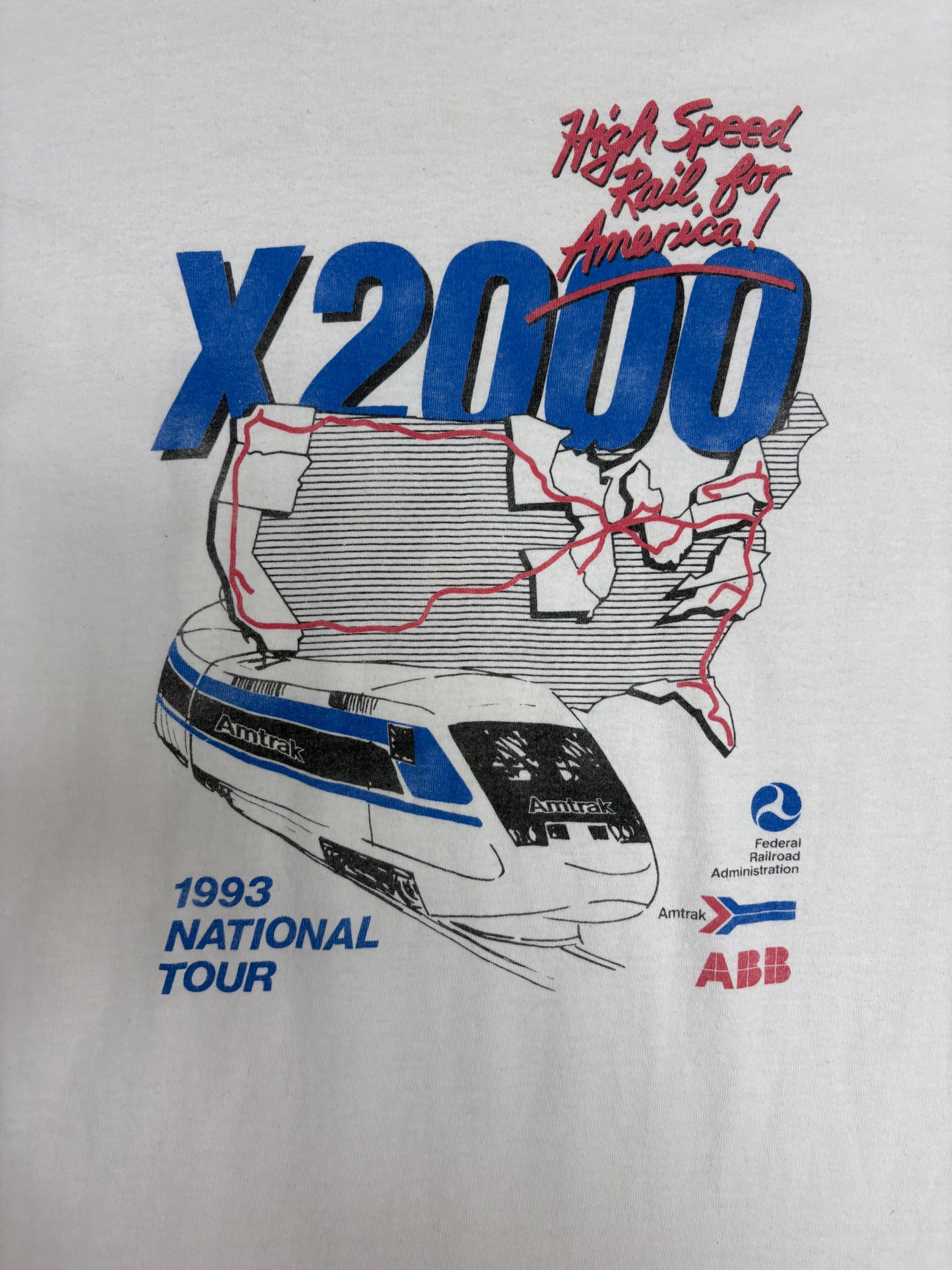 X2000 Amtrak 1993 National Tour Graphic Tee | Size X-Large | Vintage 1990s Promotional White T-Shirt |