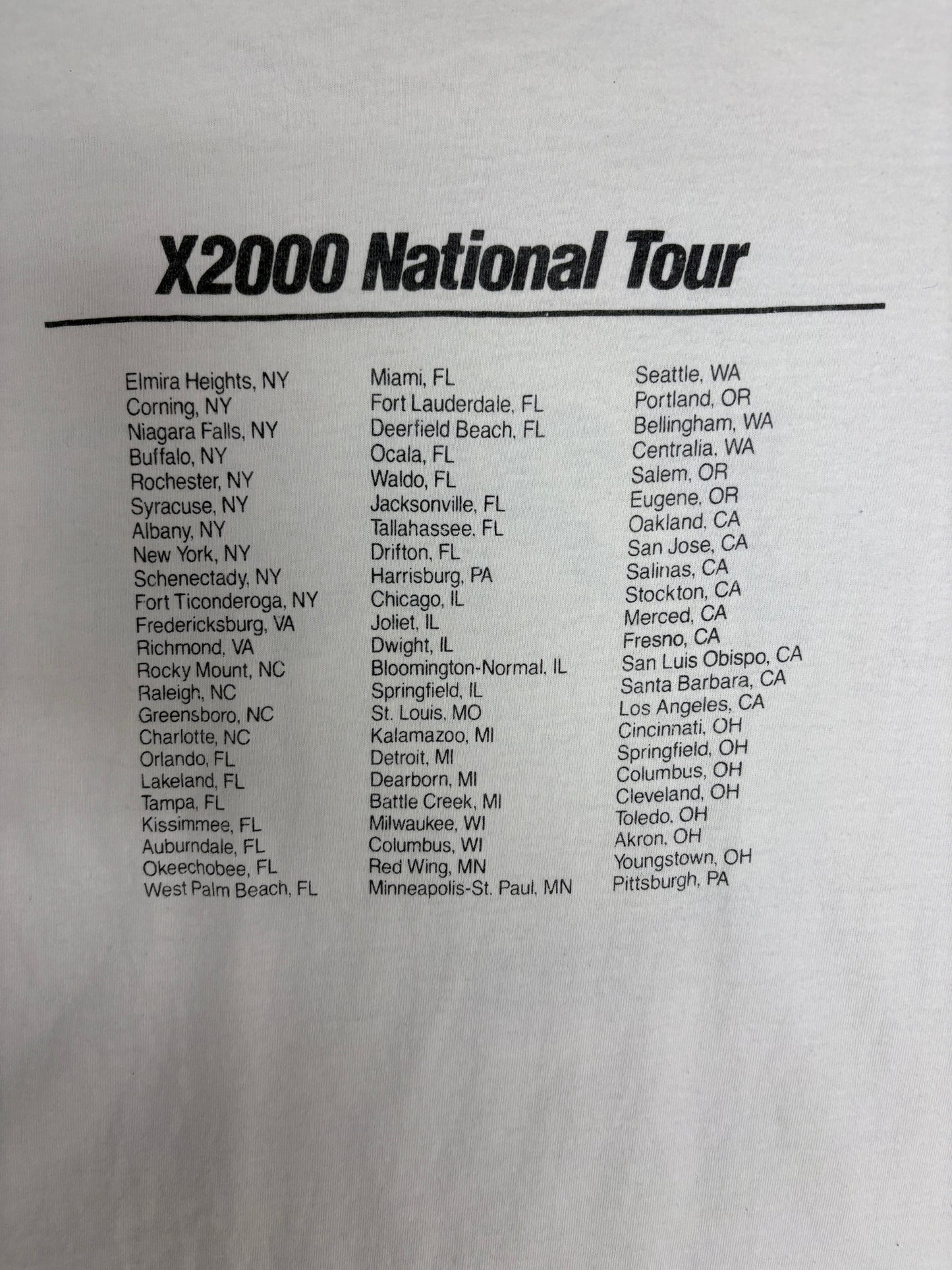 X2000 Amtrak 1993 National Tour Graphic Tee | Size X-Large | Vintage 1990s Promotional White T-Shirt |