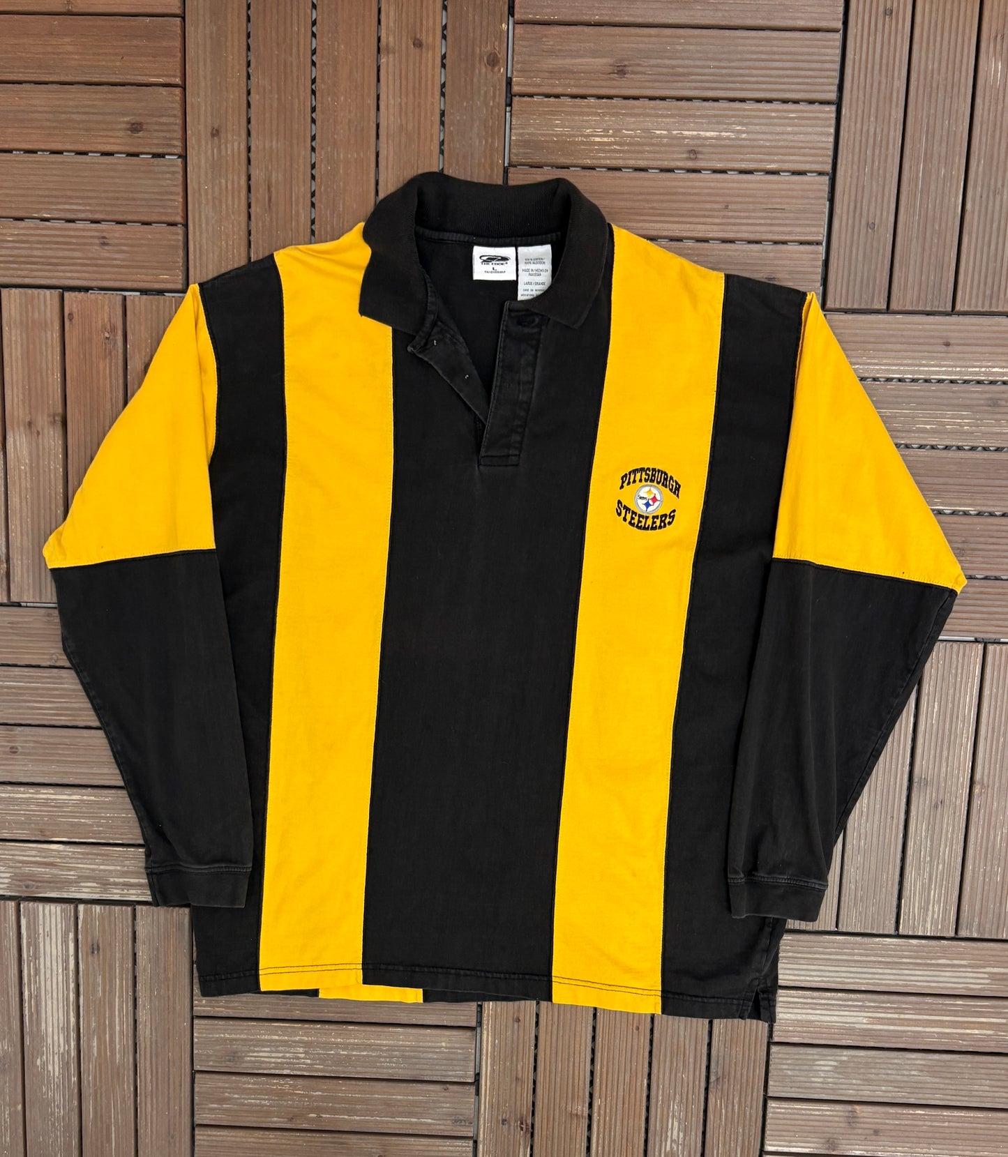 Pittsburgh Steelers Graphic Rugby Shirt | Size Large | Vintage 1990s Football Black Long Sleeve |