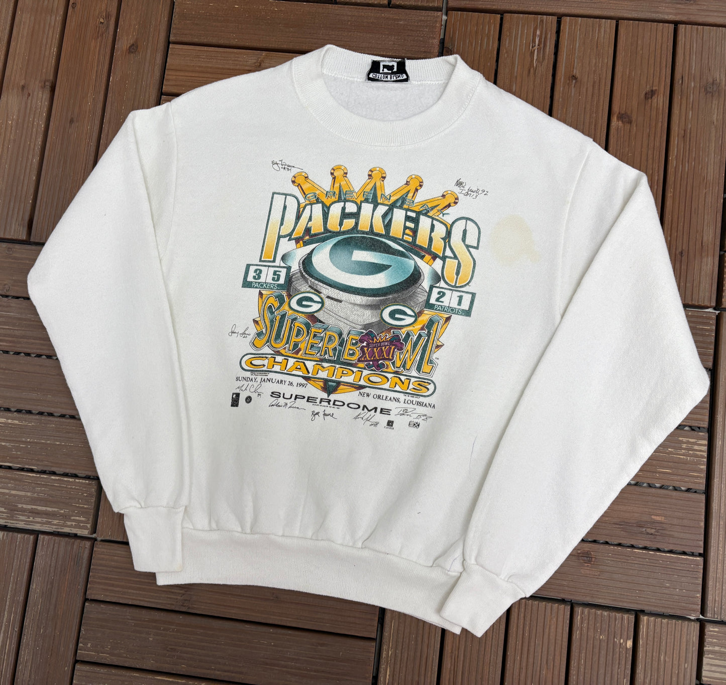 Green Bay Packers Super Bowl XXXI Champions Graphic Crewneck | Size Small | Vintage 1990s NFL Football White Sweater |