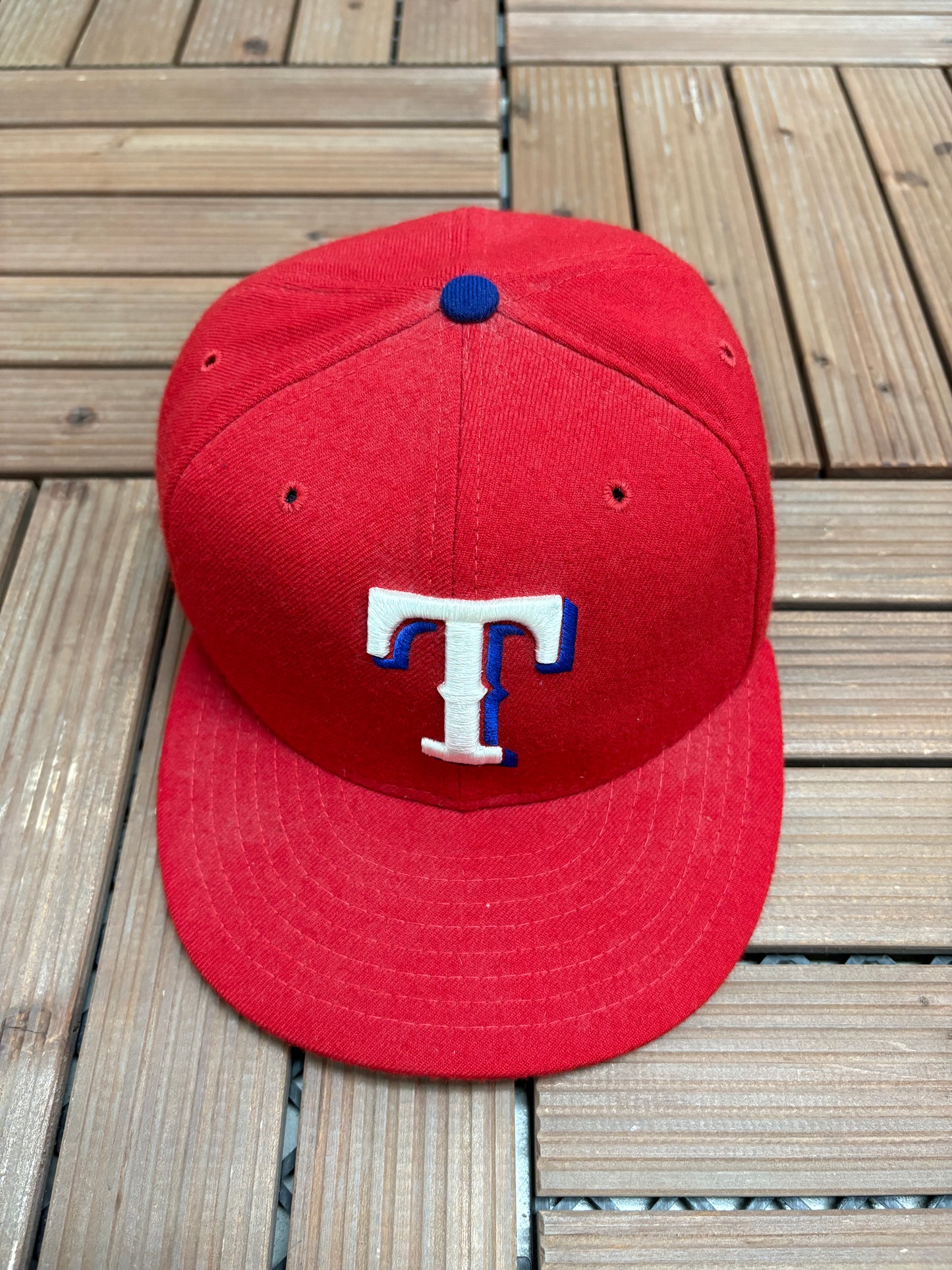 Texas Rangers Embroidered Graphic Hat | Size 7 1/4 | Vintage 1990s Wool MLB Baseball Red Cap |