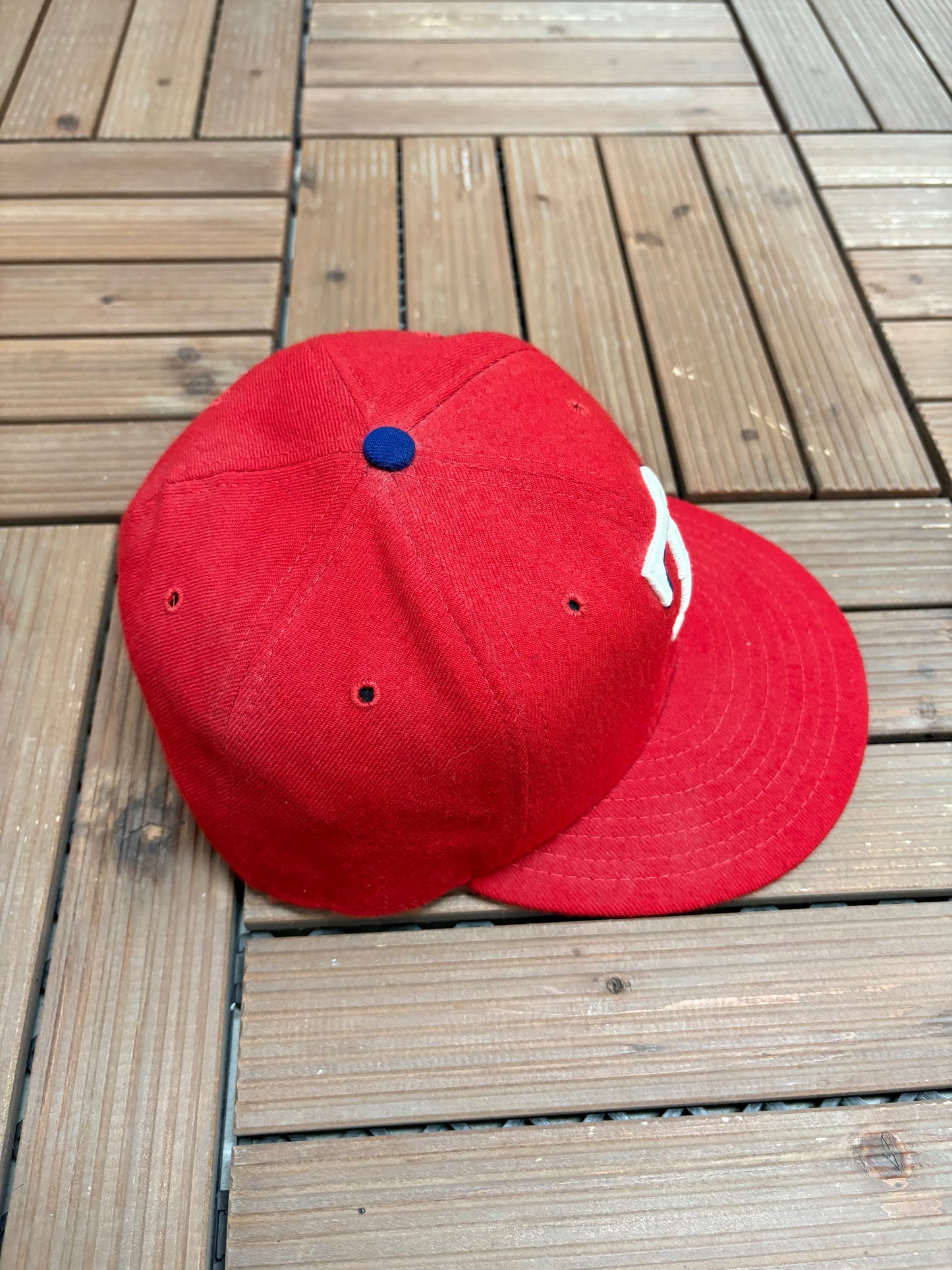 Texas Rangers Embroidered Graphic Hat | Size 7 1/4 | Vintage 1990s Wool MLB Baseball Red Cap |