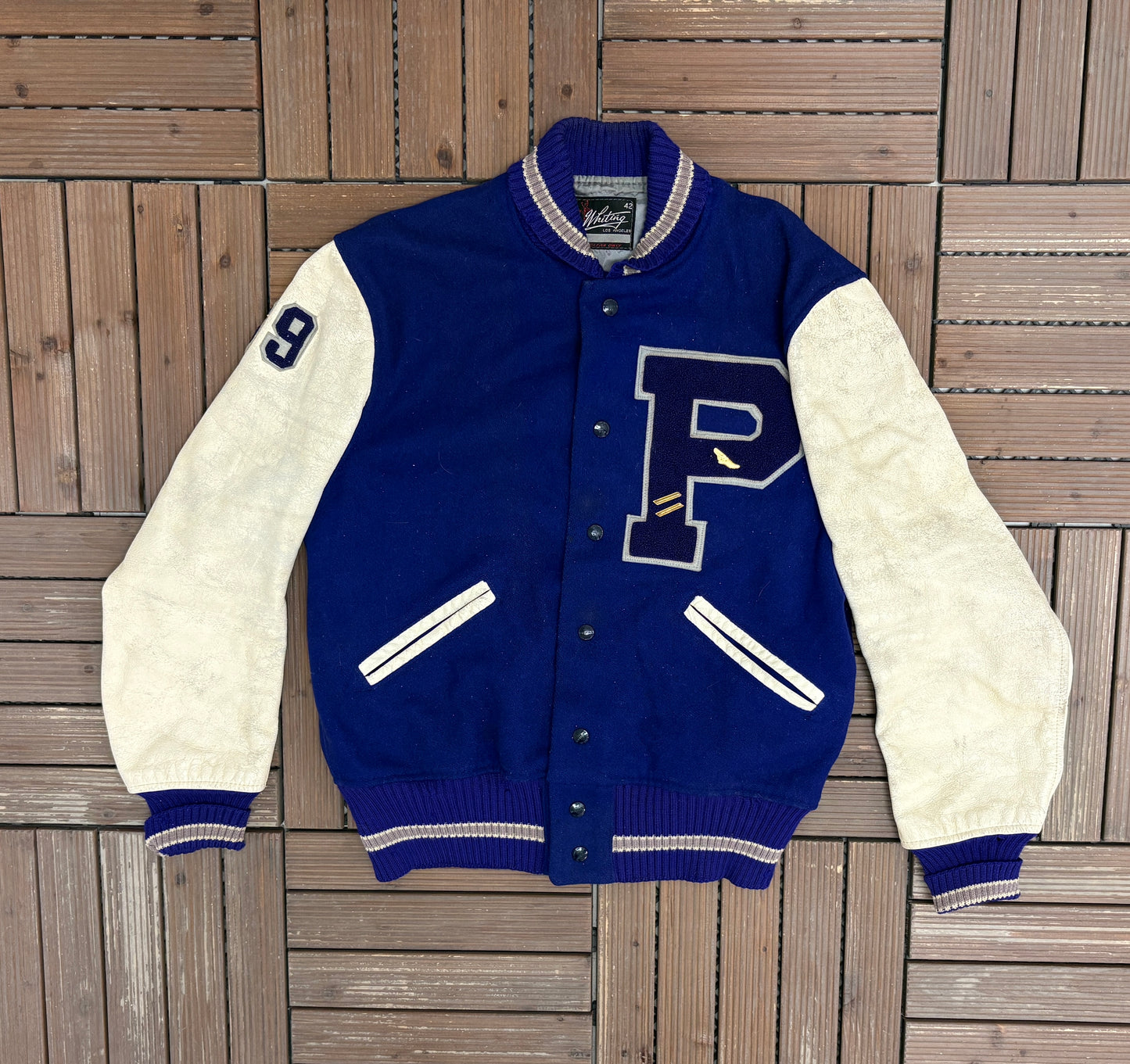 Whiting Letterman "P" Graphic Jacket | Size 42 | Vintage 1970s Varsity Blue Jacket |