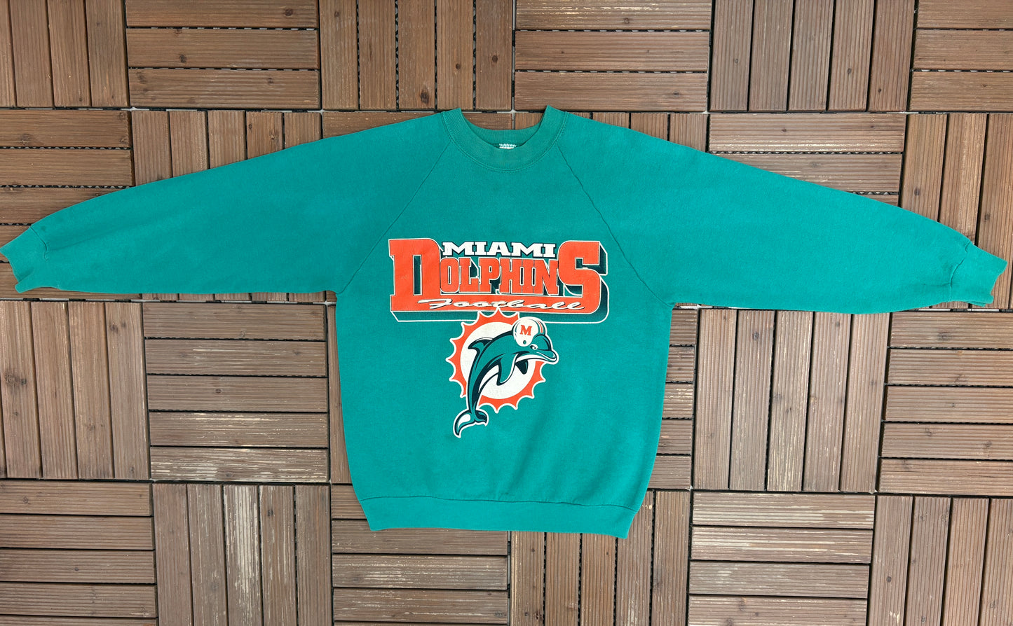 Miami Dolphins Football Graphic Crewneck | Size Large | Vintage 1980s NFL Football Teal Sweater |