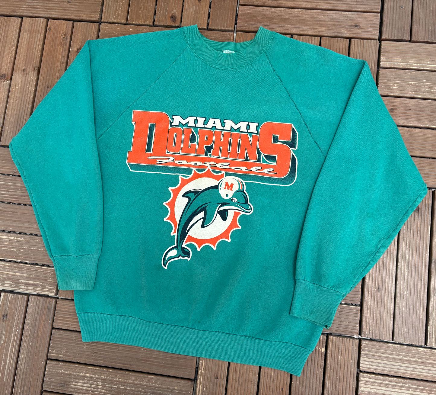 Miami Dolphins Football Graphic Crewneck | Size Large | Vintage 1980s NFL Football Teal Sweater |