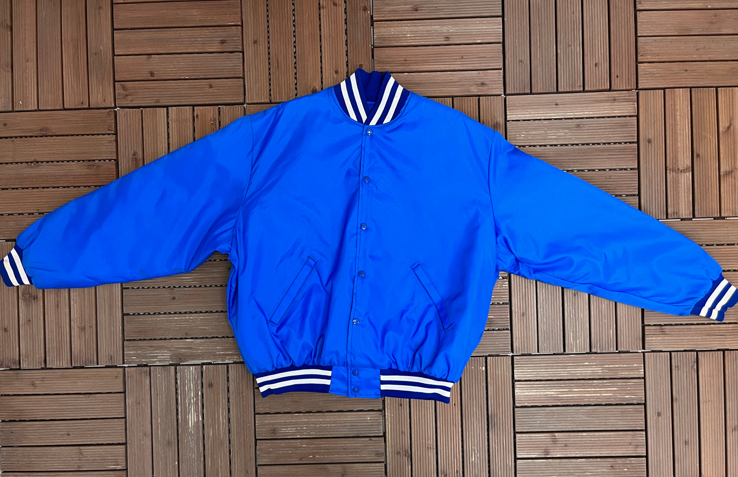 Larsen Auto Centers Graphic Varsity Jacket | Size X-Large | Vintage 1990s Blue Varsity Bomber Coat |